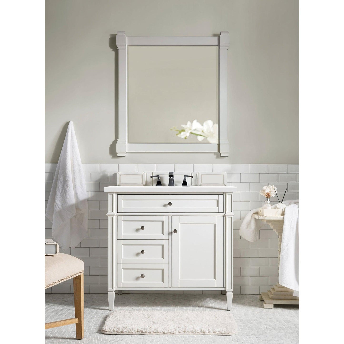 James Martin Vanities Brittany 36" Bright White Single Vanity With 3cm White Zeus Quartz Top