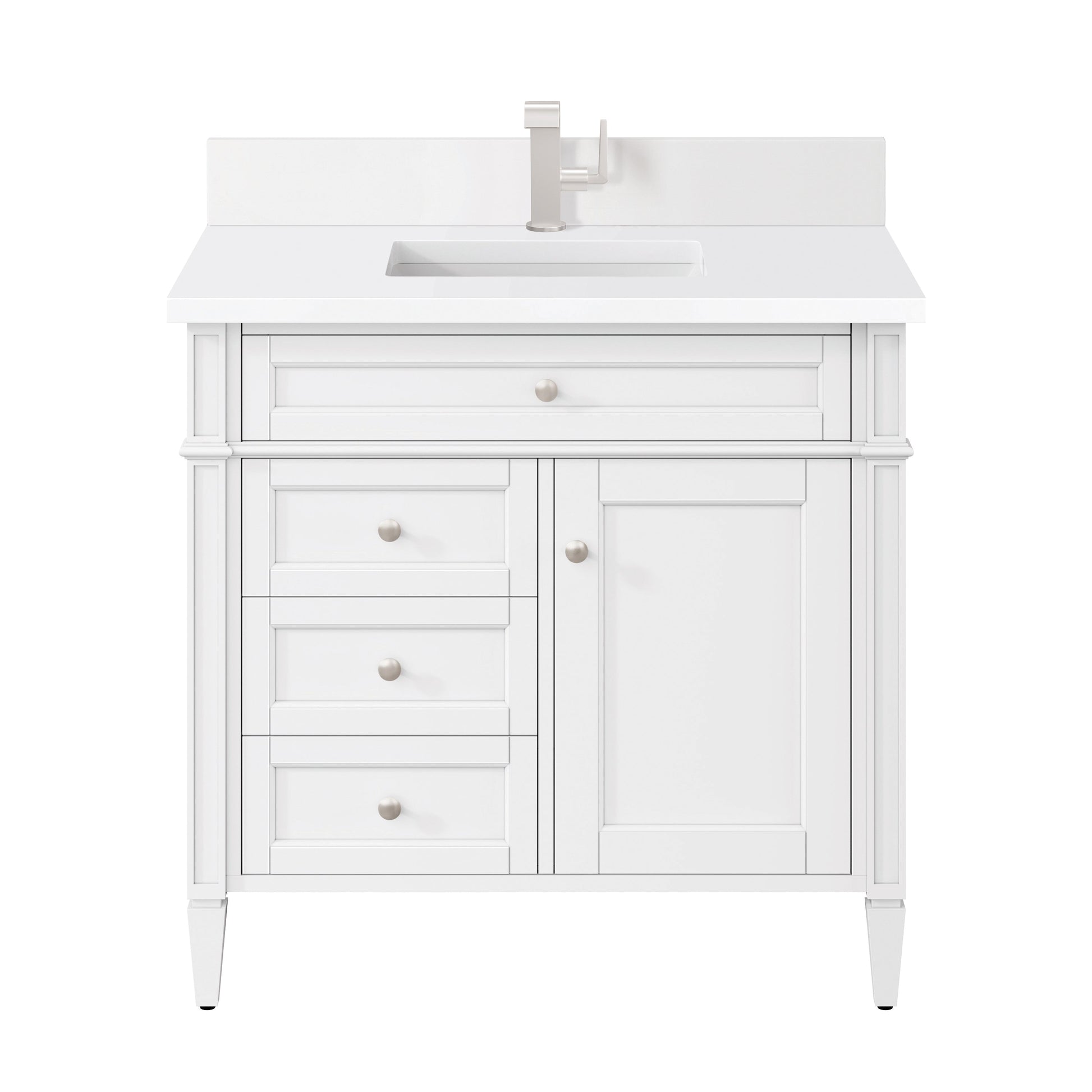 James Martin Vanities Brittany 36" Bright White Single Vanity With Single Hole 3 cm White Zeus Quartz Top & Backsplash