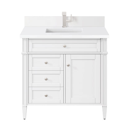 James Martin Vanities Brittany 36" Bright White Single Vanity With Single Hole 3 cm White Zeus Quartz Top & Backsplash