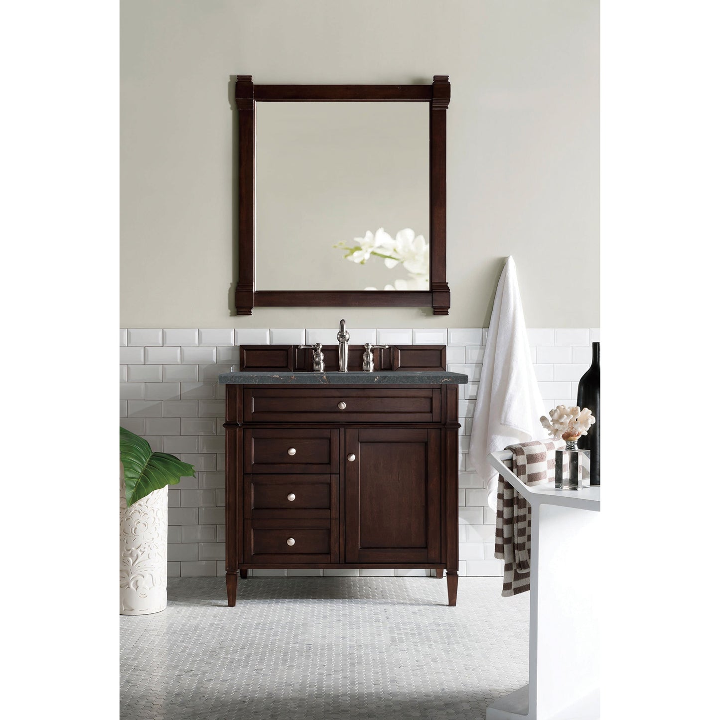 James Martin Vanities Brittany 36" Burnished Mahogany Single Vanity With 3 cm Parisien Bleu Quartz Top