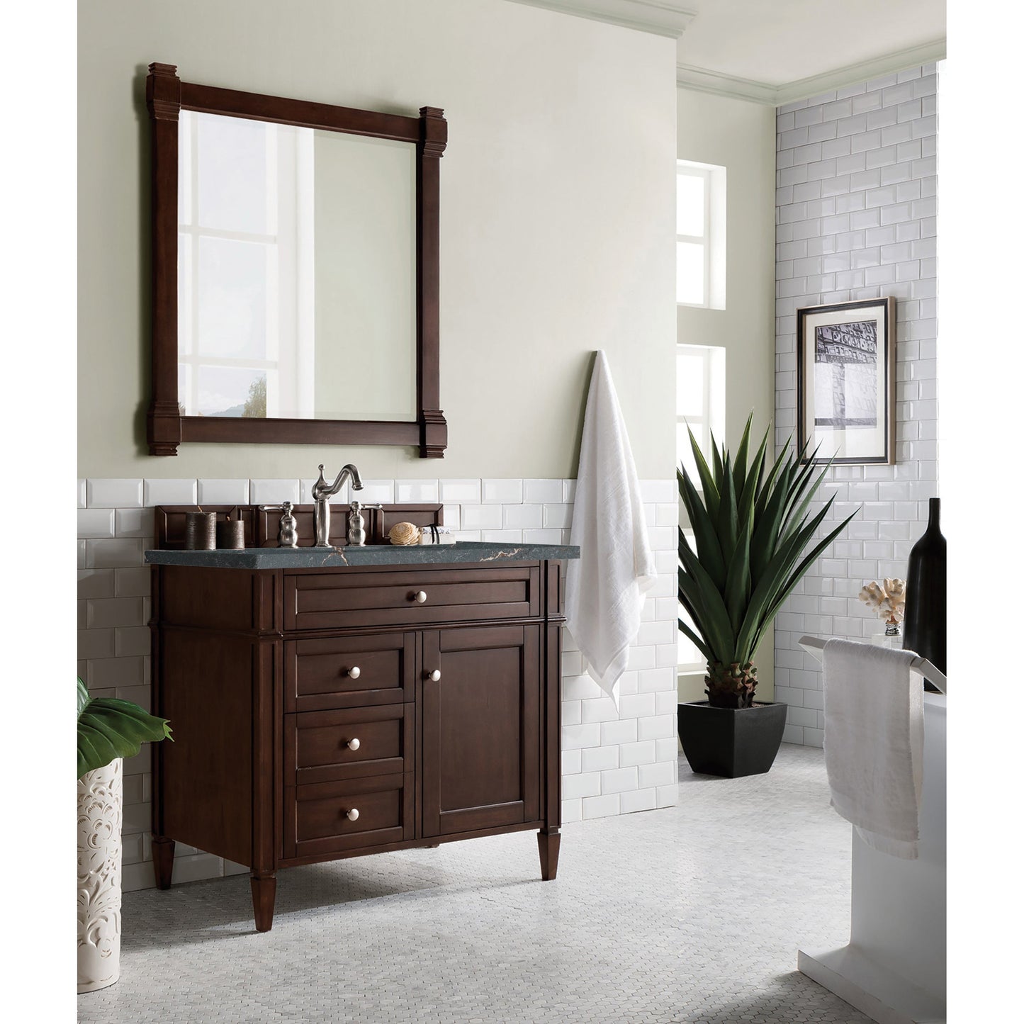 James Martin Vanities Brittany 36" Burnished Mahogany Single Vanity With 3 cm Parisien Bleu Quartz Top