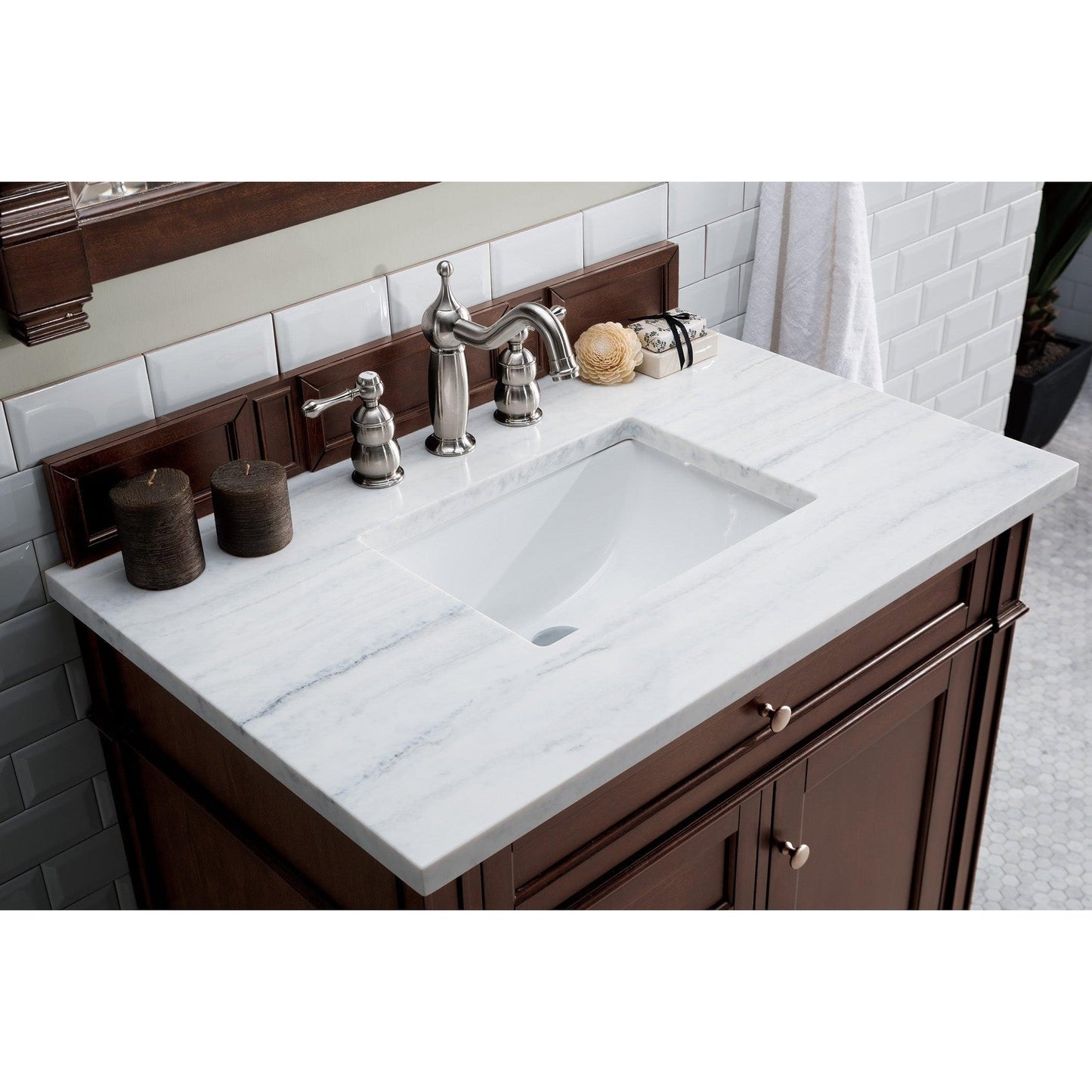 James Martin Vanities Brittany 36" Burnished Mahogany Single Vanity With 3cm Arctic Fall Solid Surface Top