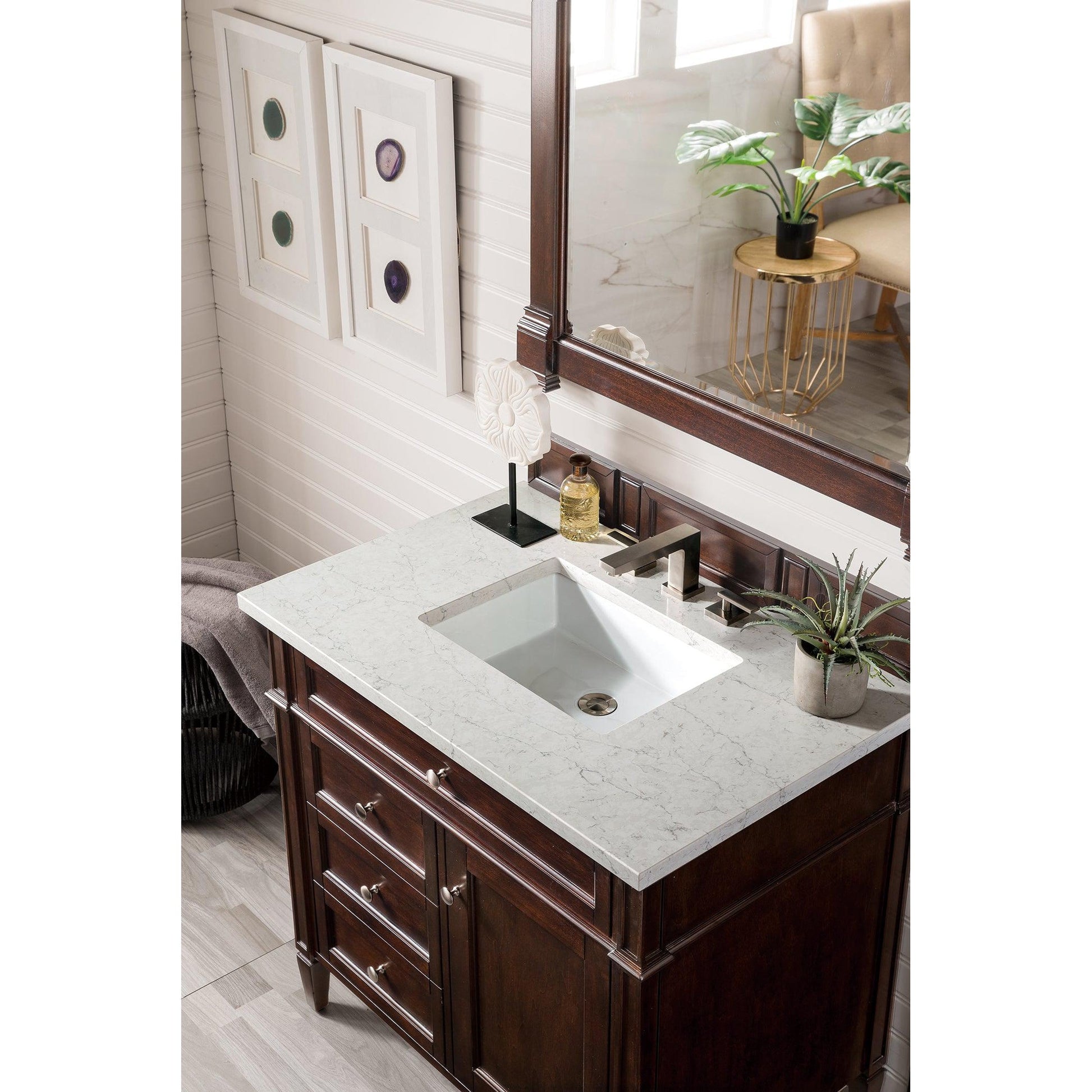 James Martin Vanities Brittany 36" Burnished Mahogany Single Vanity With 3cm Eternal Jasmine Pearl Quartz Top