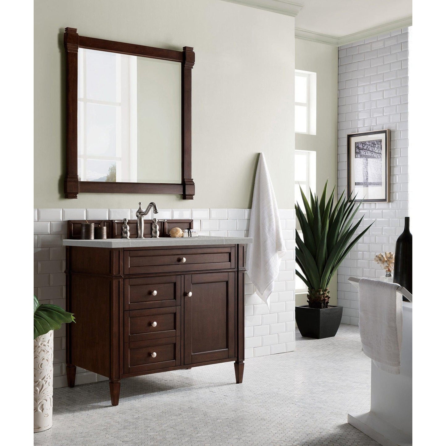 James Martin Vanities Brittany 36" Burnished Mahogany Single Vanity With 3cm Eternal Serena Quartz Top