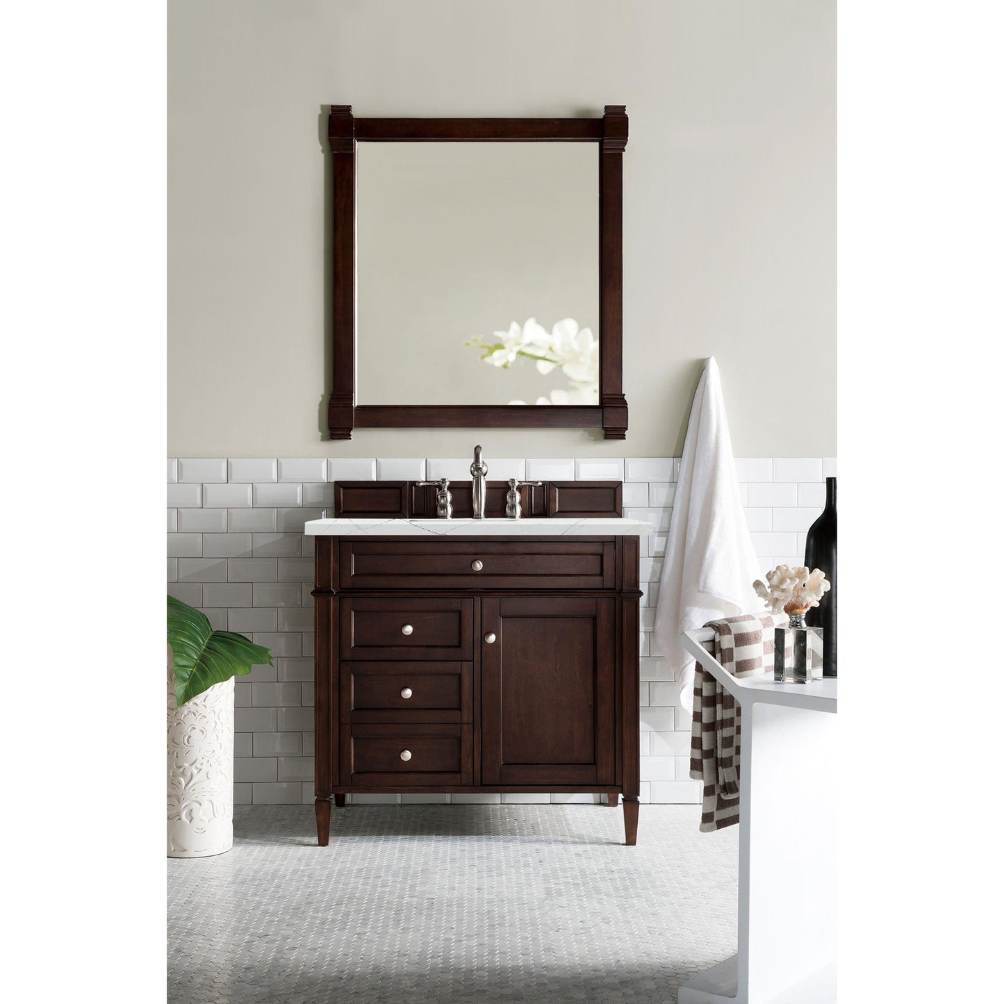 James Martin Vanities Brittany 36" Burnished Mahogany Single Vanity With 3cm Ethereal Noctis Quartz Top