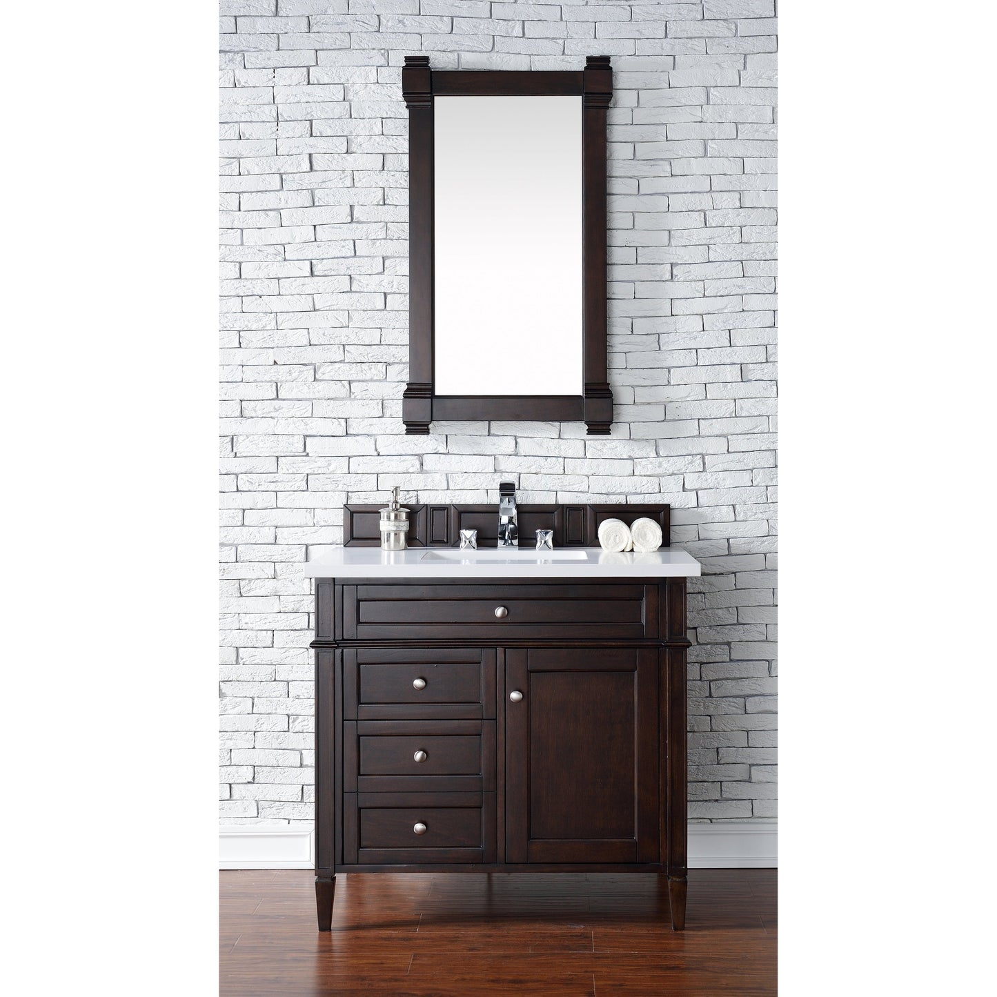 James Martin Vanities Brittany 36" Burnished Mahogany Single Vanity With 3cm White Zeus Quartz Top