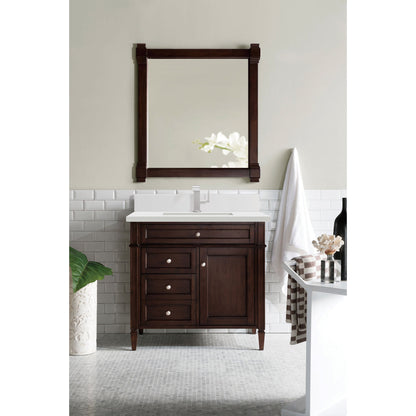 James Martin Vanities Brittany 36" Burnished Mahogany Single Vanity With Single Hole 3 cm White Zeus Quartz Top & Backsplash