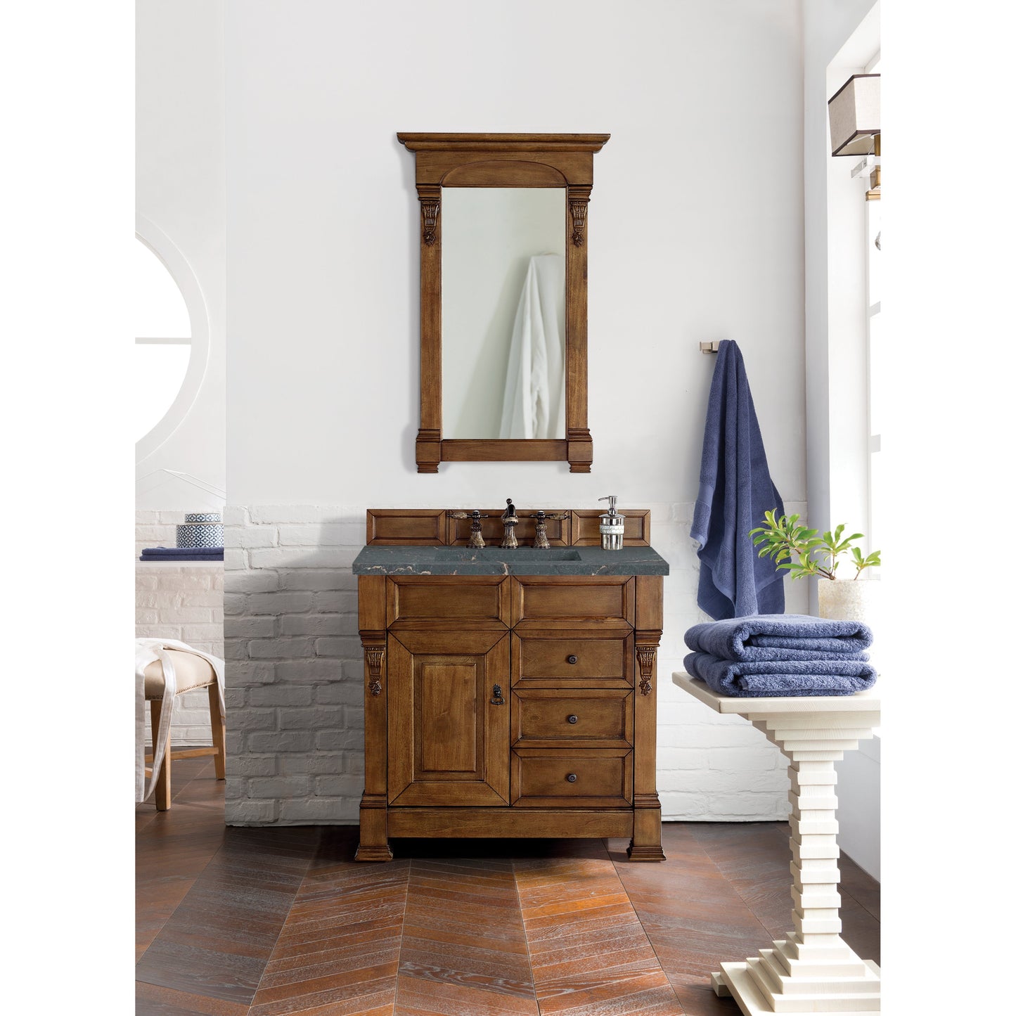 James Martin Vanities Brittany 36" Country Oak Single Vanity With 3 cm Parisien Bleu Quartz Top