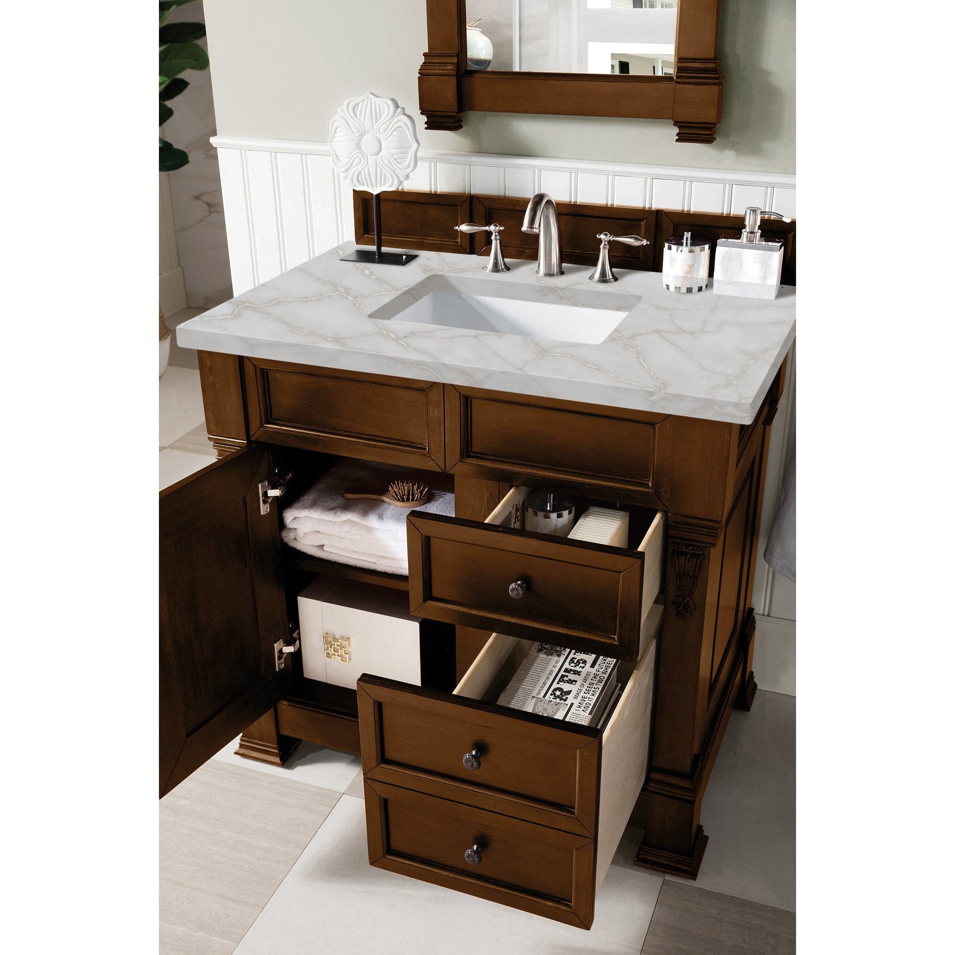 James Martin Vanities Brittany 36" Country Oak Single Vanity With 3 cm Victorian Silver Quartz Top