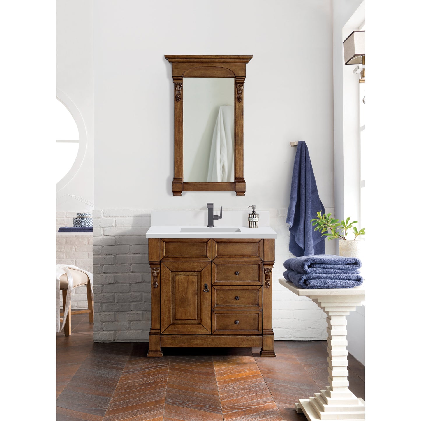 James Martin Vanities Brittany 36" Country Oak Single Vanity With Single Hole 3 cm White Zeus Quartz Top & Backsplash