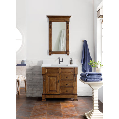 James Martin Vanities Brittany 36" Country Oak Single Vanity With Single Hole 3 cm White Zeus Quartz Top & Backsplash