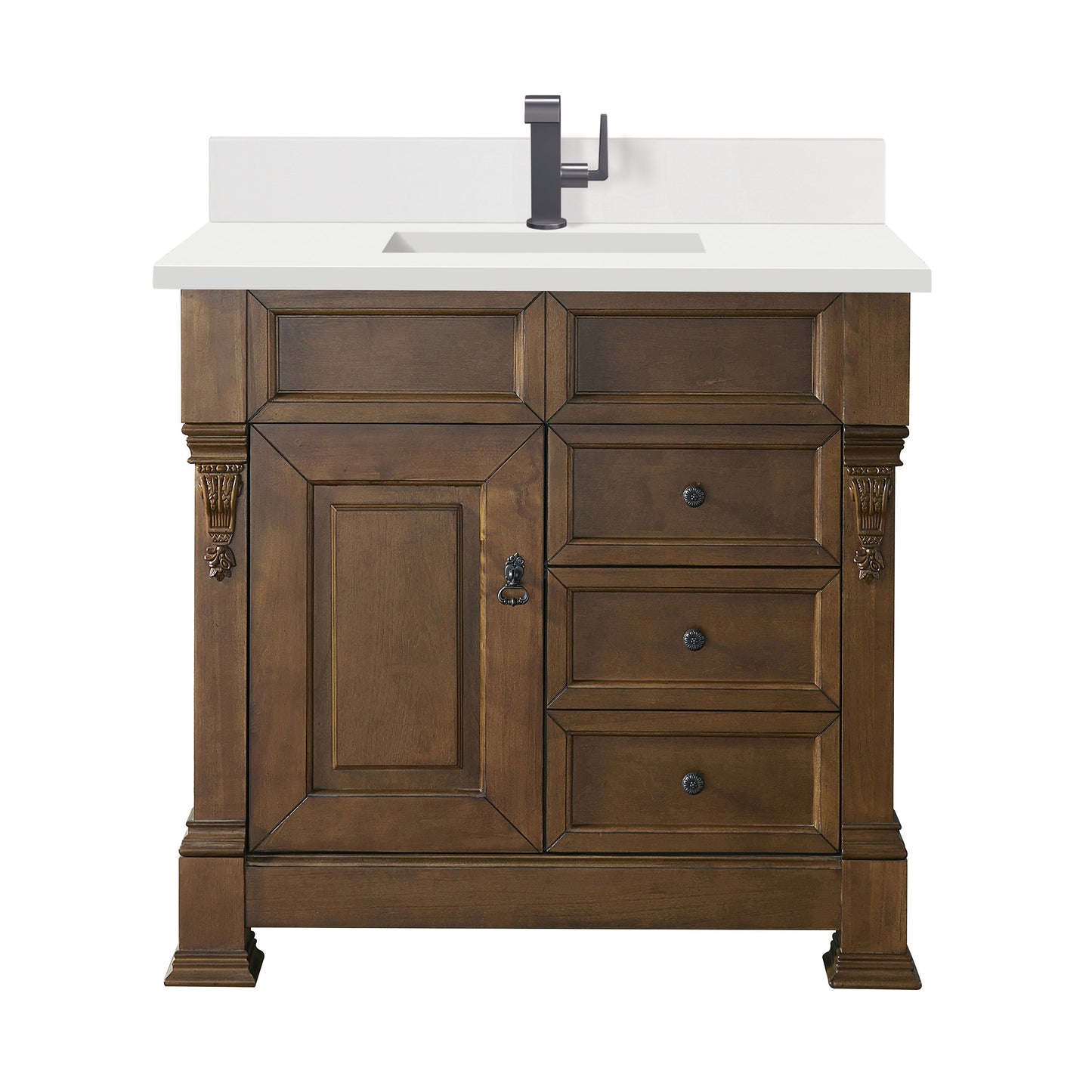 James Martin Vanities Brittany 36" Country Oak Single Vanity With Single Hole 3 cm White Zeus Quartz Top & Backsplash