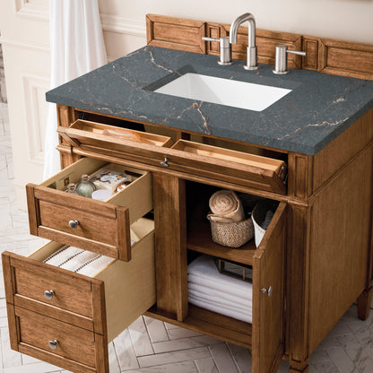 James Martin Vanities Brittany 36" Saddle Brown Single Vanity With 3 cm Parisien Bleu Quartz Top