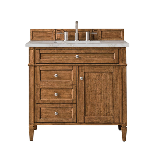 James Martin Vanities Brittany 36" Saddle Brown Single Vanity With 3 cm Victorian Silver Quartz Top