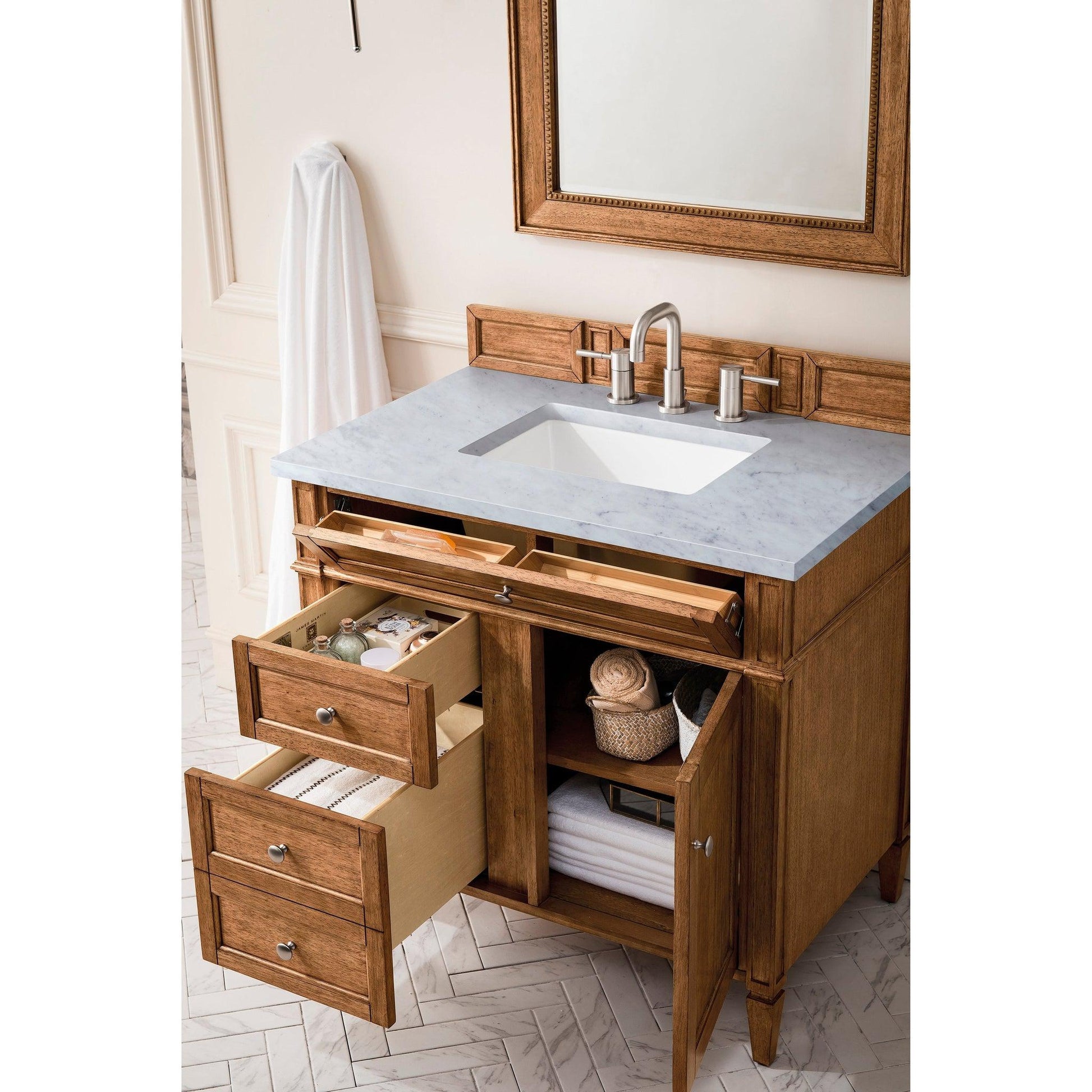 James Martin Vanities Brittany 36" Saddle Brown Single Vanity With 3cm Arctic Fall Solid Surface Top