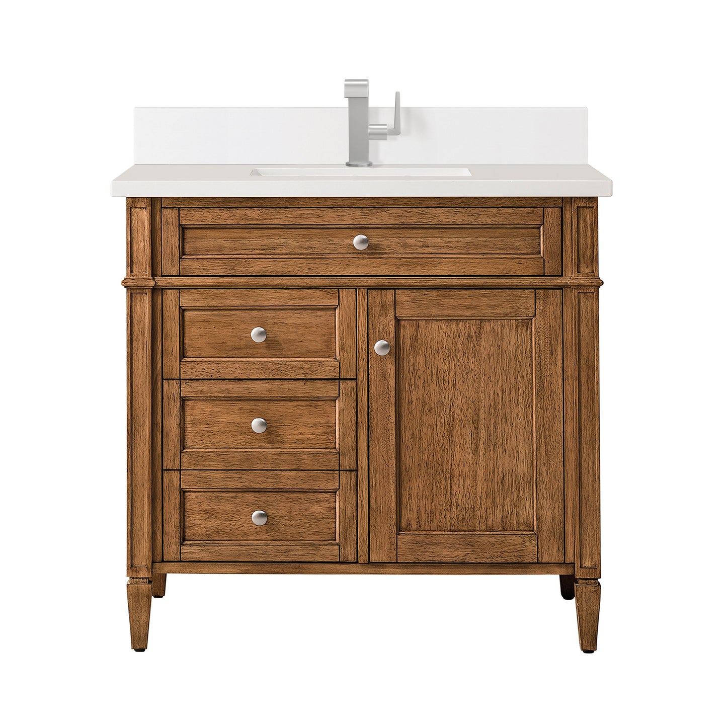 James Martin Vanities Brittany 36" Saddle Brown Single Vanity With Single Hole 3 cm White Zeus Quartz Top & Backsplash