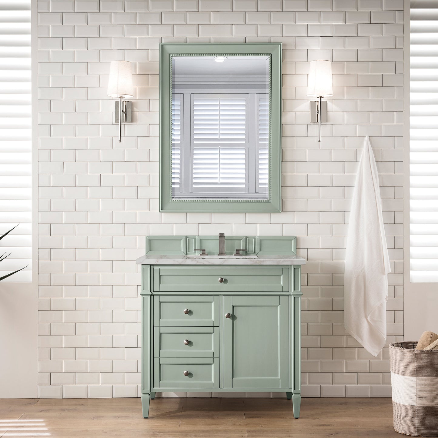 James Martin Vanities Brittany 36" Sage Green Single Vanity With 3 cm Victorian Silver Quartz Top