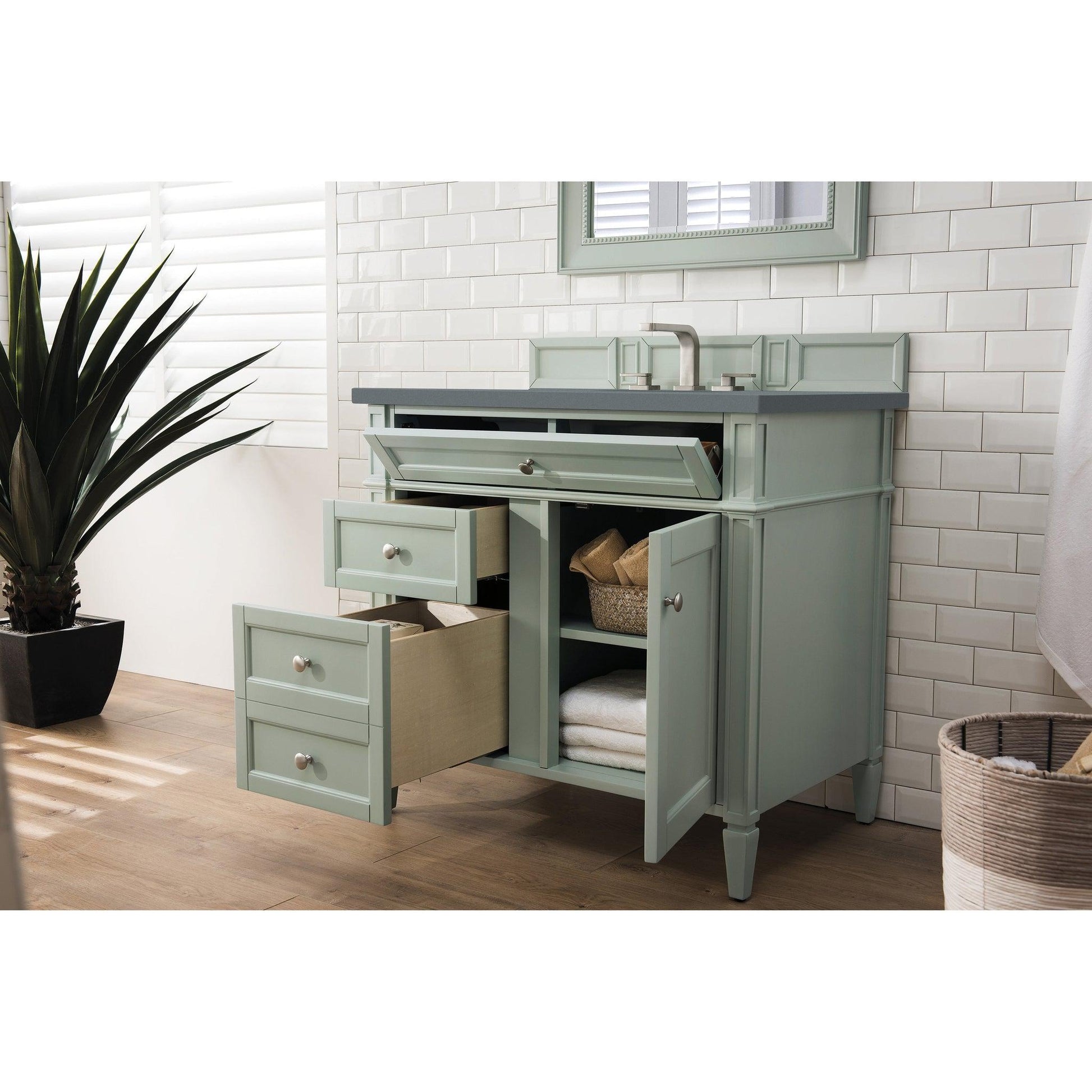 James Martin Vanities Brittany 36" Sage Green Single Vanity With 3cm Cala Blue Quartz Top