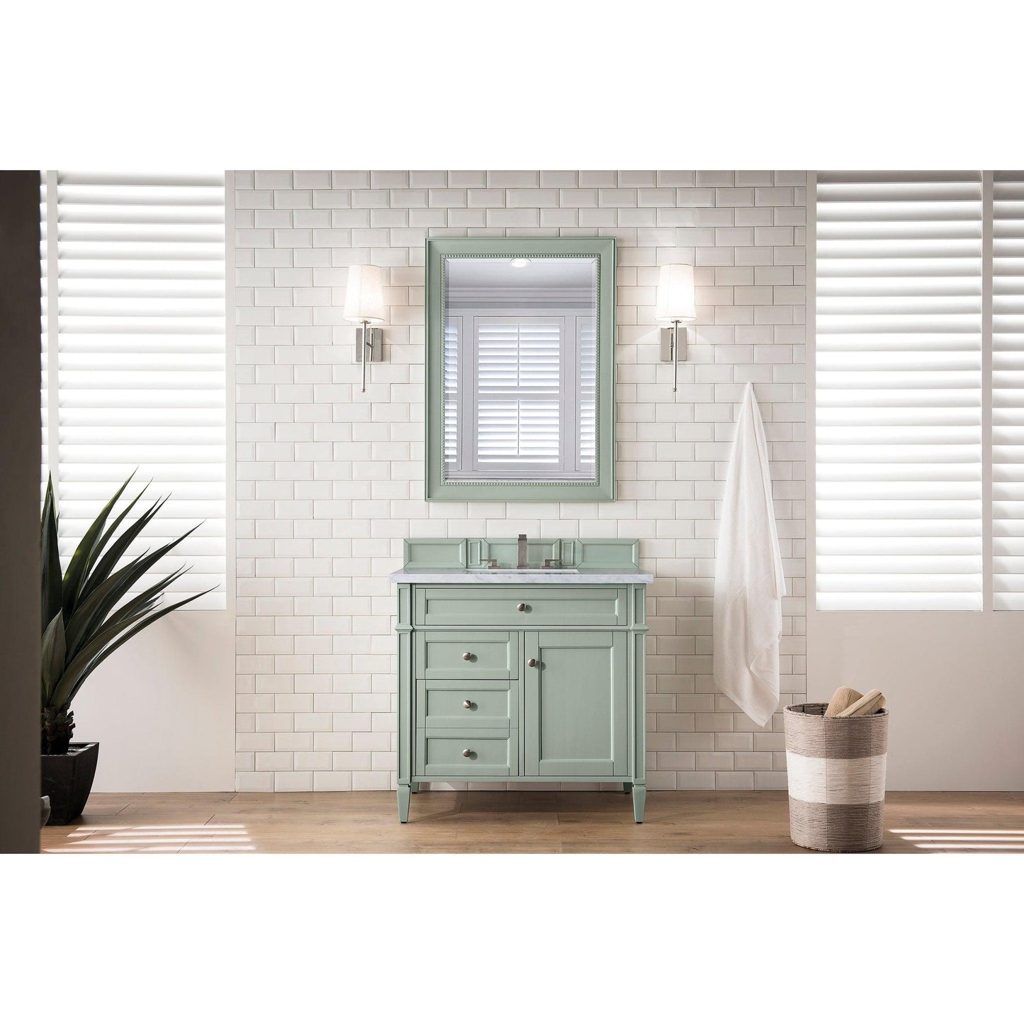 James Martin Vanities Brittany 36" Sage Green Single Vanity With 3cm Eternal Jasmine Pearl Quartz Top