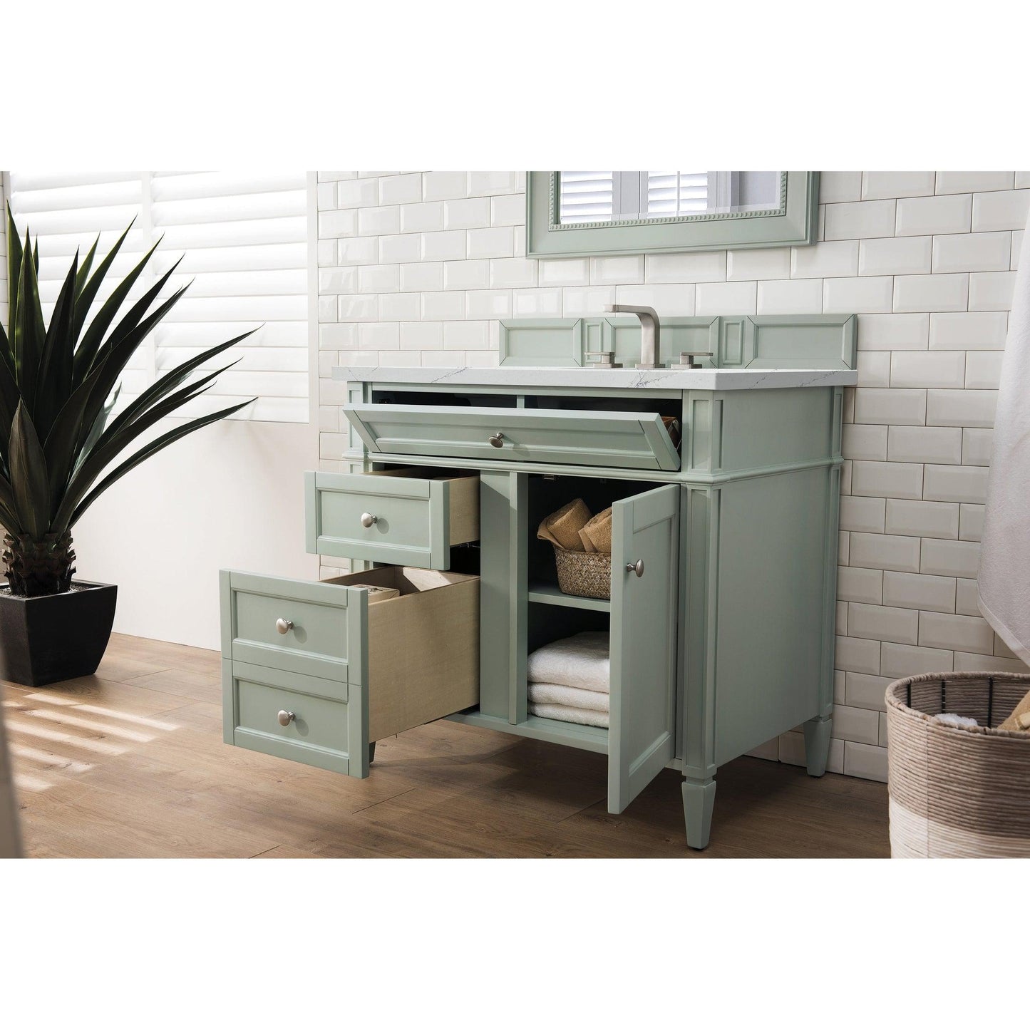 James Martin Vanities Brittany 36" Sage Green Single Vanity With 3cm Ethereal Noctis Quartz Top