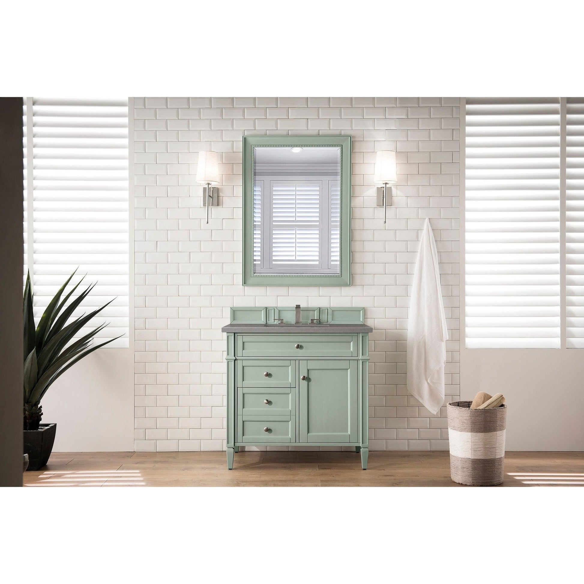 James Martin Vanities Brittany 36" Sage Green Single Vanity With 3cm Grey Expo Quartz Top