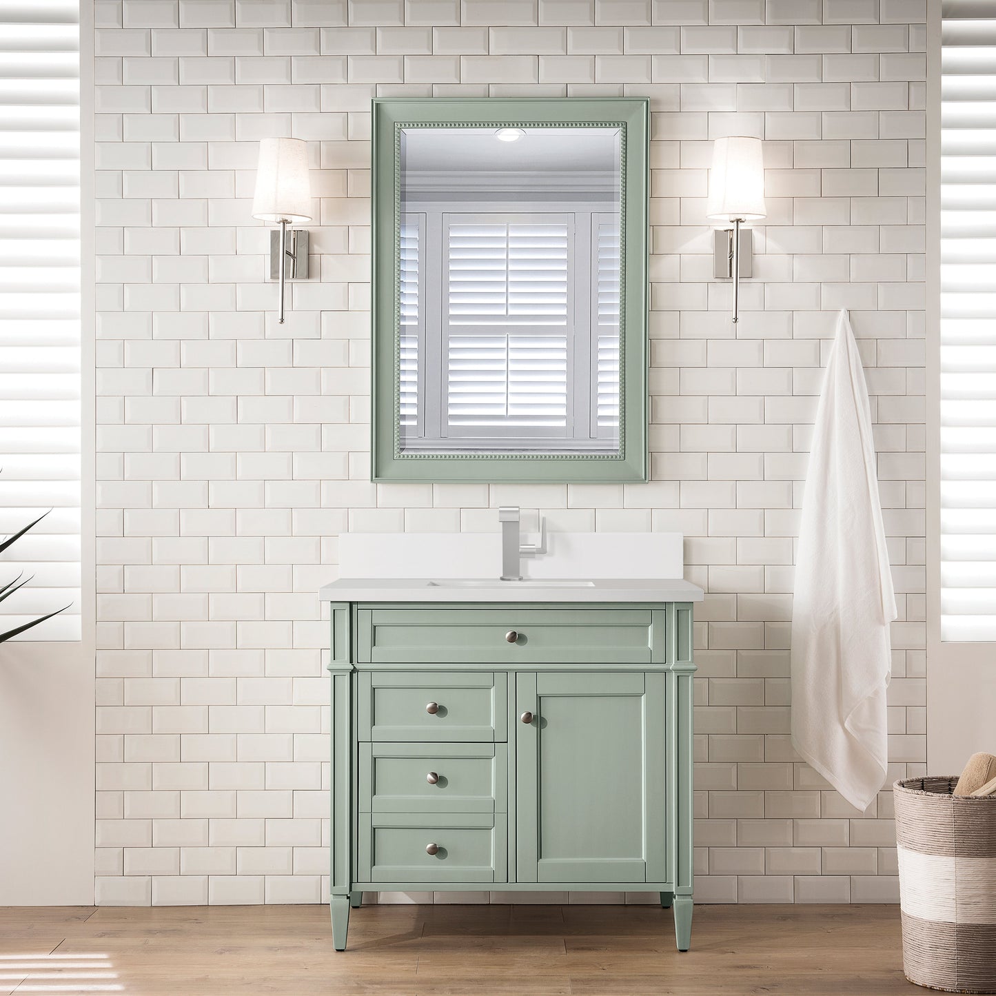 James Martin Vanities Brittany 36" Sage Green Single Vanity With Single Hole 3 cm White Zeus Quartz Top & Backsplash