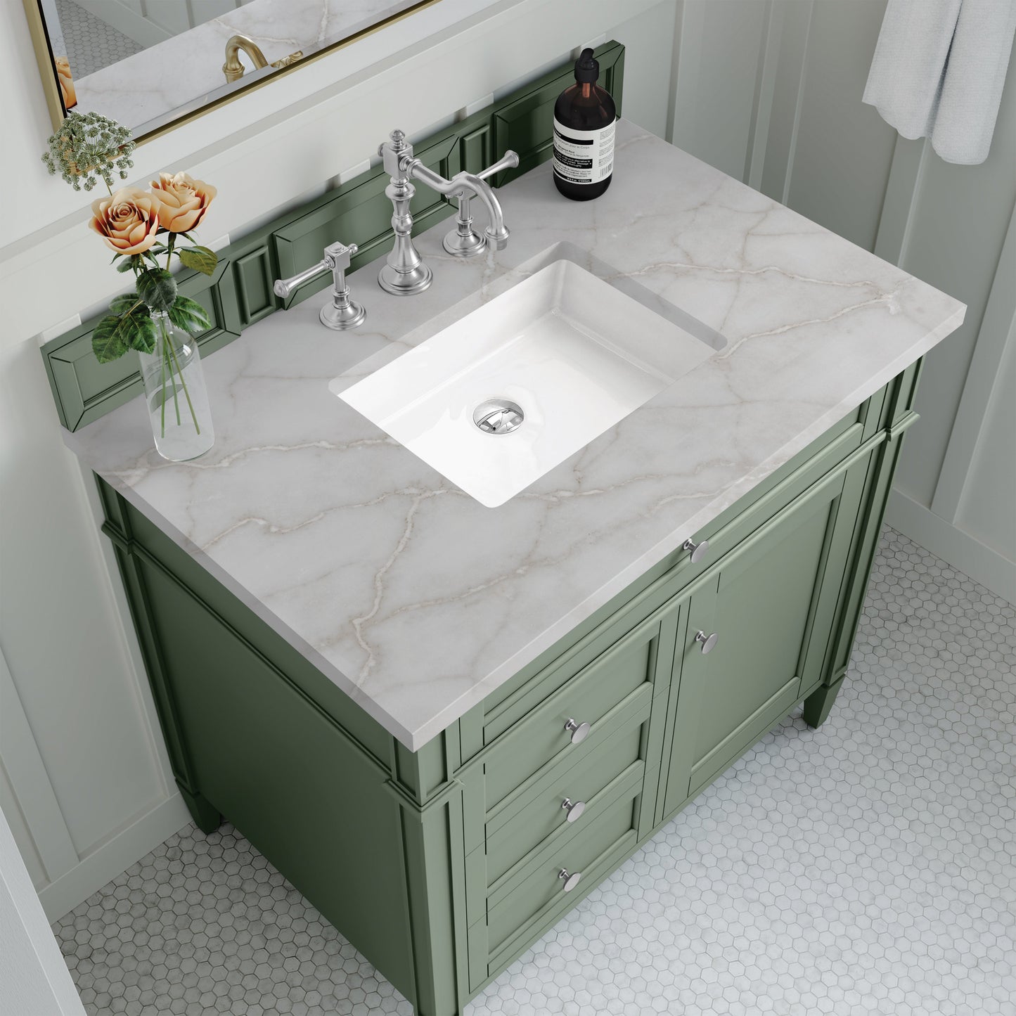 James Martin Vanities Brittany 36" Smokey Celadon Single Vanity With 3 cm Victorian Silver Top