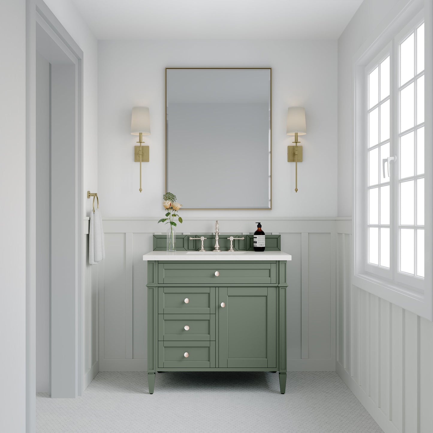 James Martin Vanities Brittany 36" Smokey Celadon Single Vanity With 3 cm White Zeus Top