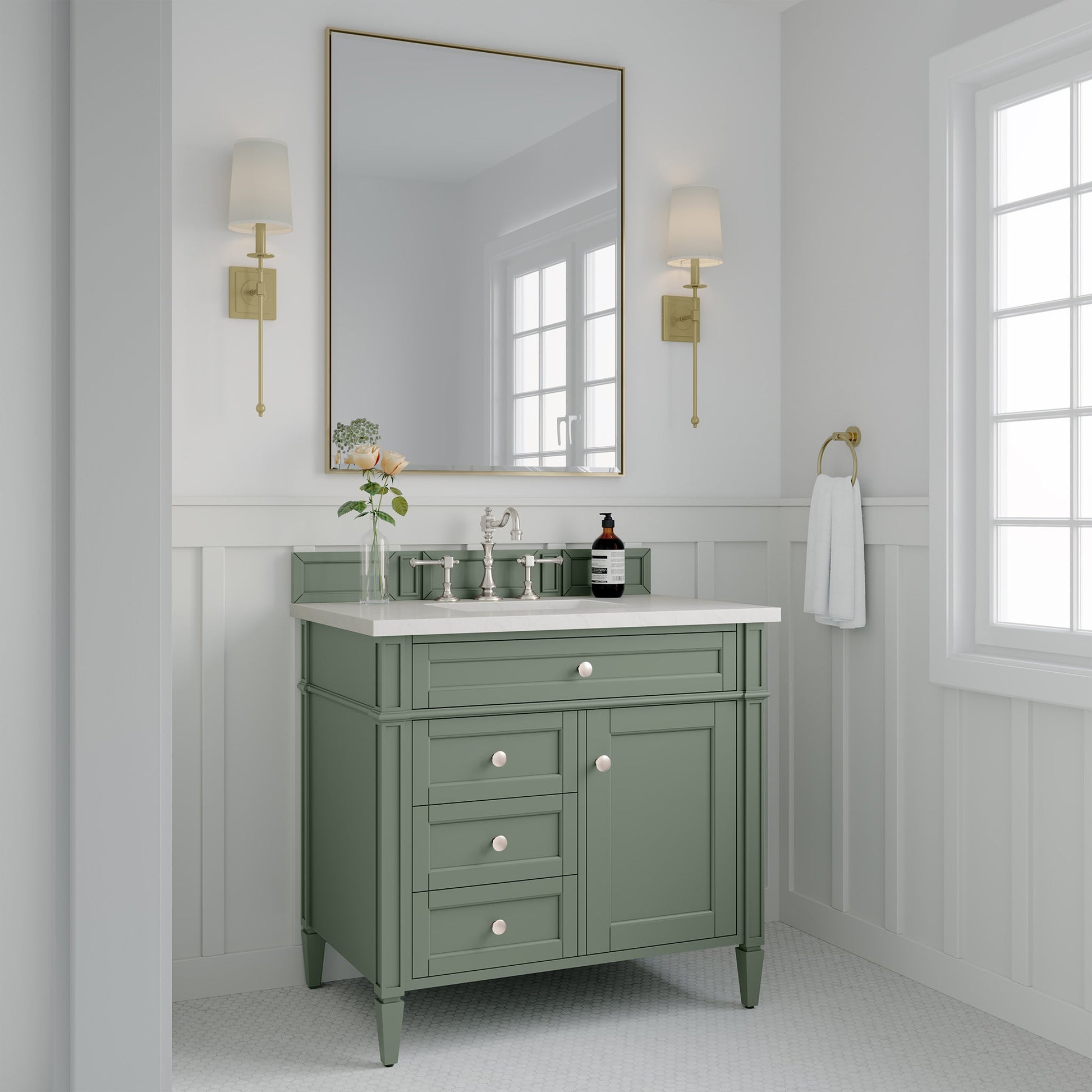 James Martin Vanities Brittany 36" Smokey Celadon Single Vanity With 3 cm White Zeus Top