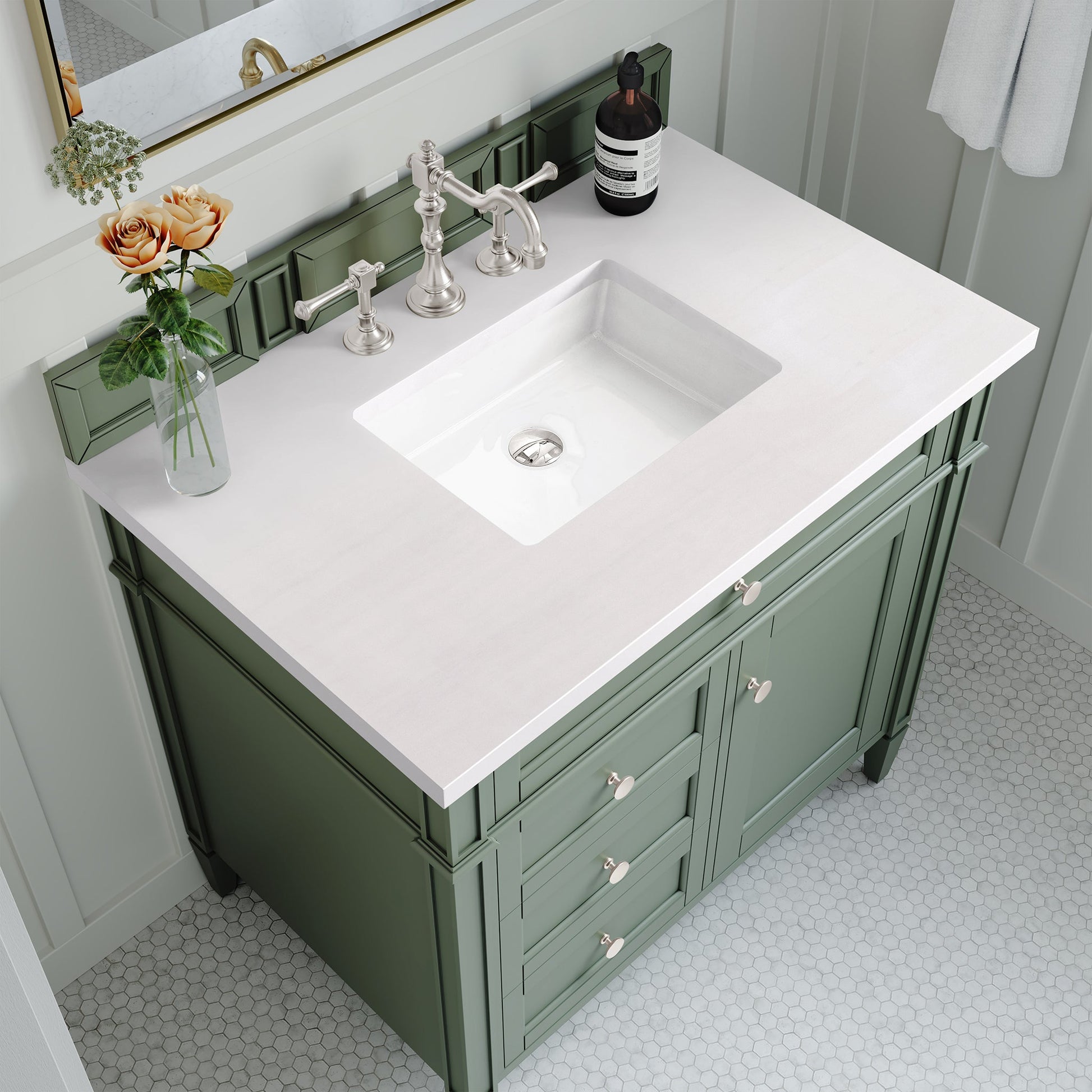 James Martin Vanities Brittany 36" Smokey Celadon Single Vanity With 3 cm White Zeus Top