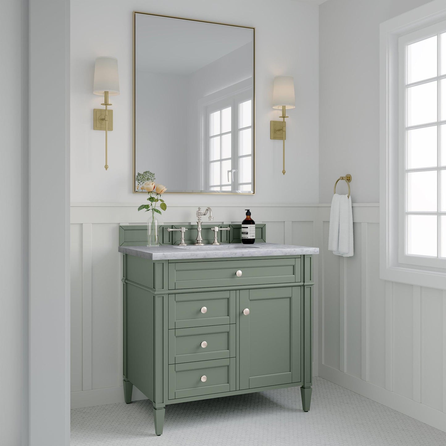 James Martin Vanities Brittany 36" Smokey Celadon Single Vanity With 3cm Carrara Marble Top