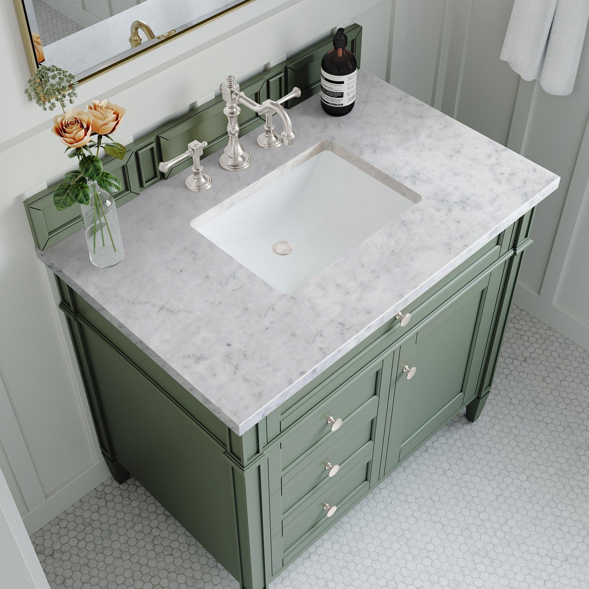 James Martin Vanities Brittany 36" Smokey Celadon Single Vanity With 3cm Carrara Marble Top