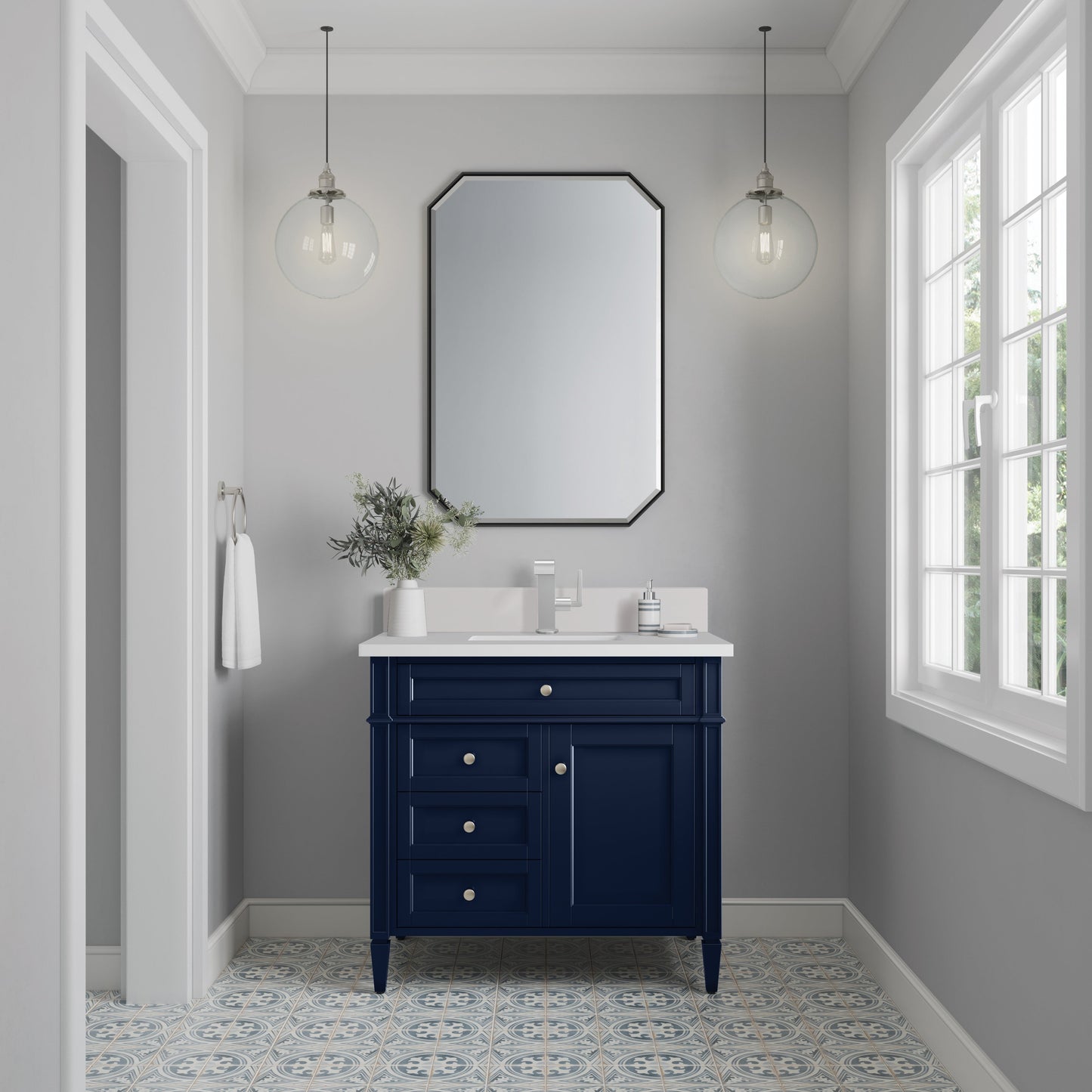 James Martin Vanities Brittany 36" Victory Blue Single Vanity With Single Hole 3 cm White Zeus Quartz Top & Backsplash