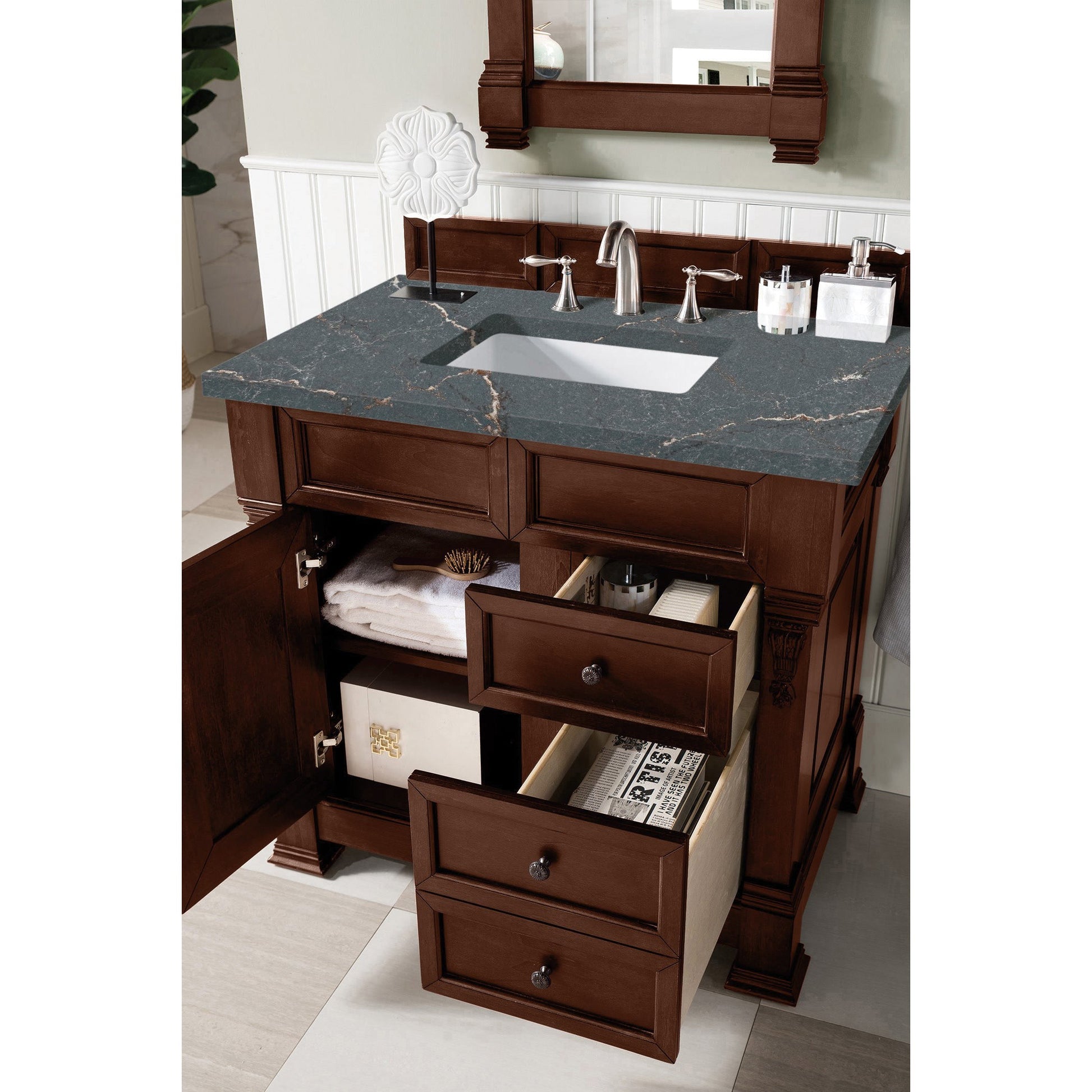 James Martin Vanities Brittany 36" Warm Cherry Single Vanity With 3 cm Parisien Bleu Quartz Top