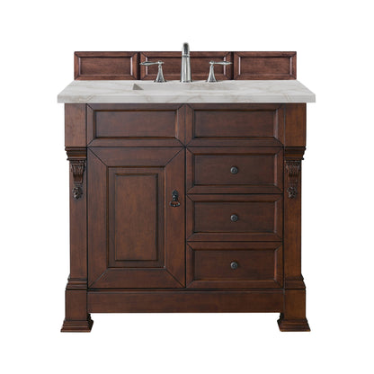 James Martin Vanities Brittany 36" Warm Cherry Single Vanity With 3 cm Victorian Silver Quartz Top