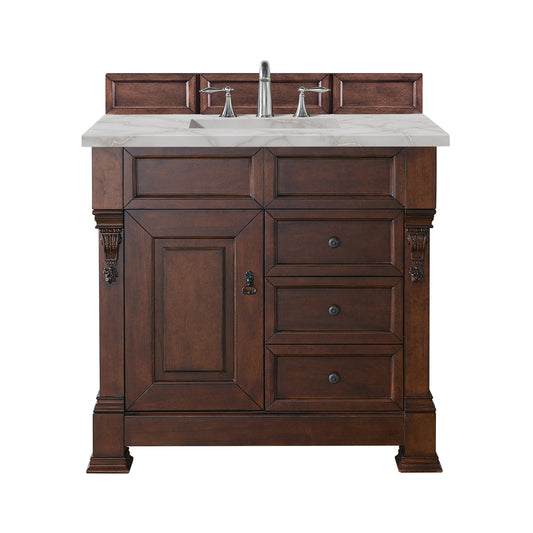 James Martin Vanities Brittany 36" Warm Cherry Single Vanity With 3 cm Victorian Silver Quartz Top