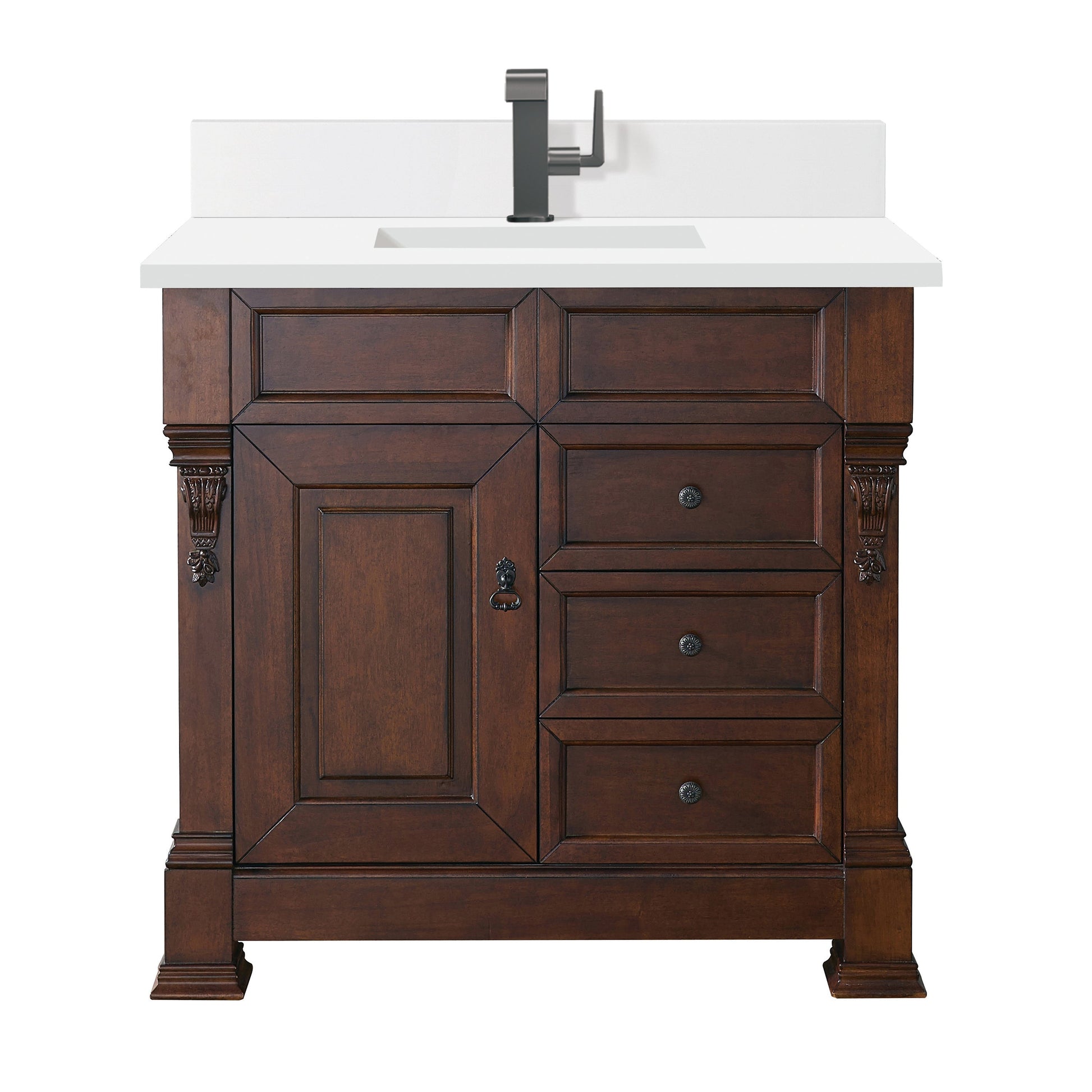 James Martin Vanities Brittany 36" Warm Cherry Single Vanity With Single Hole 3 cm White Zeus Quartz Top & Backsplash