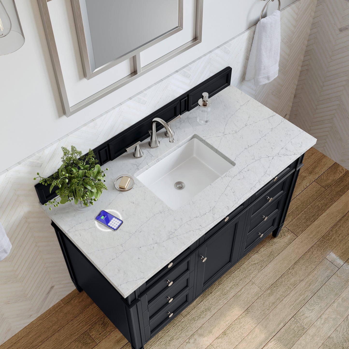 James Martin Vanities Brittany 48" Black Onyx Single Vanity With 3 cm Eternal Jasmine Pearl Silestone Top and FreePower Wireless Charger
