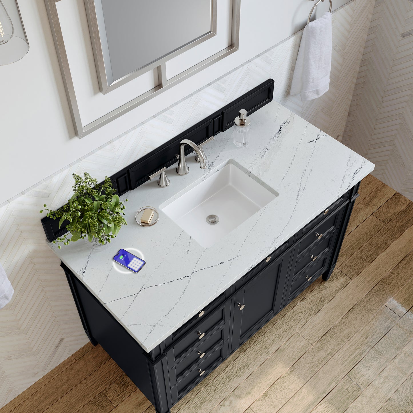 James Martin Vanities Brittany 48" Black Onyx Single Vanity With 3 cm Ethereal Noctis Silestone Top and FreePower Wireless Charger
