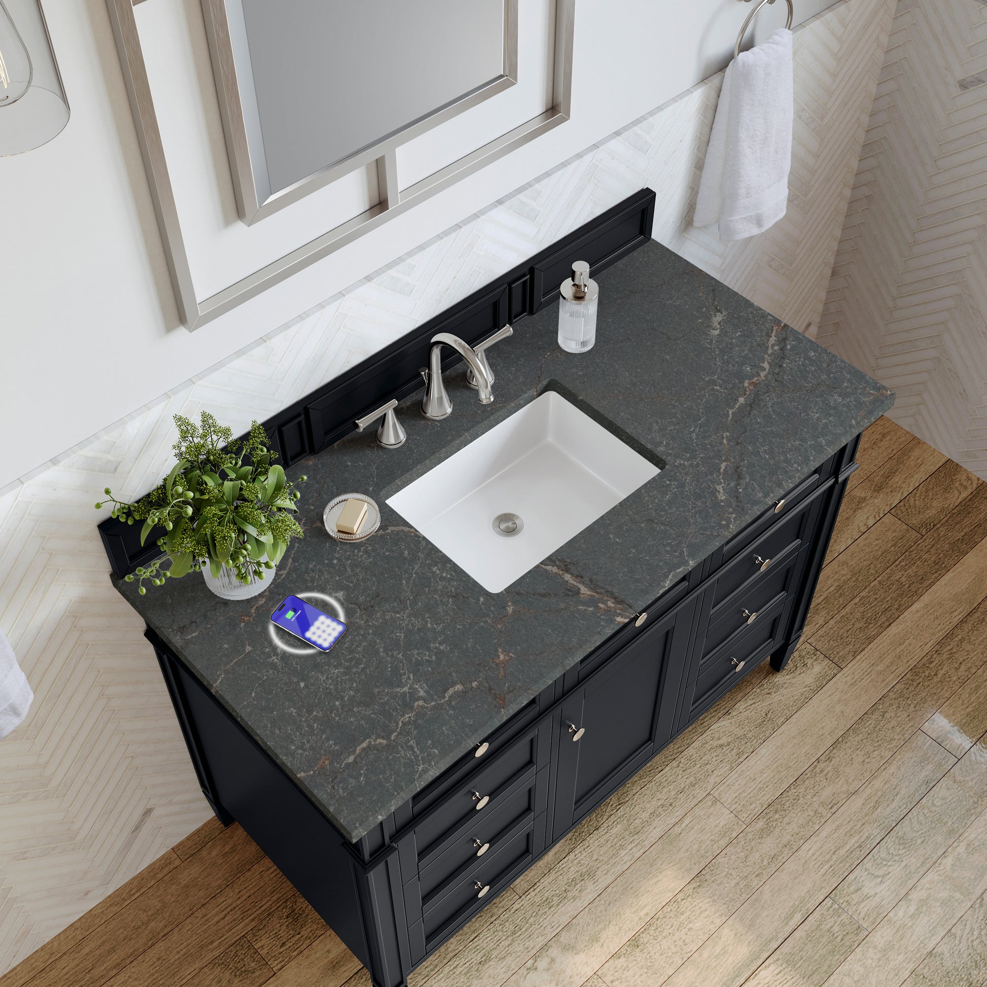 James Martin Vanities Brittany 48" Black Onyx Single Vanity With 3 cm Parisien Bleu Silestone Top and FreePower Wireless Charger