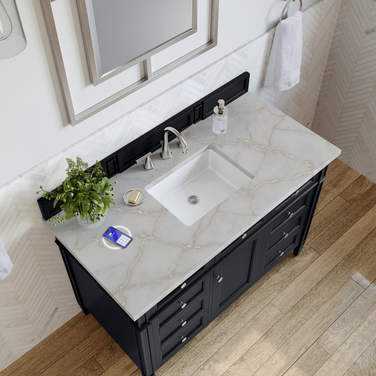 James Martin Vanities Brittany 48" Black Onyx Single Vanity With 3 cm Victorian Silver Silestone Top and FreePower Wireless Charger
