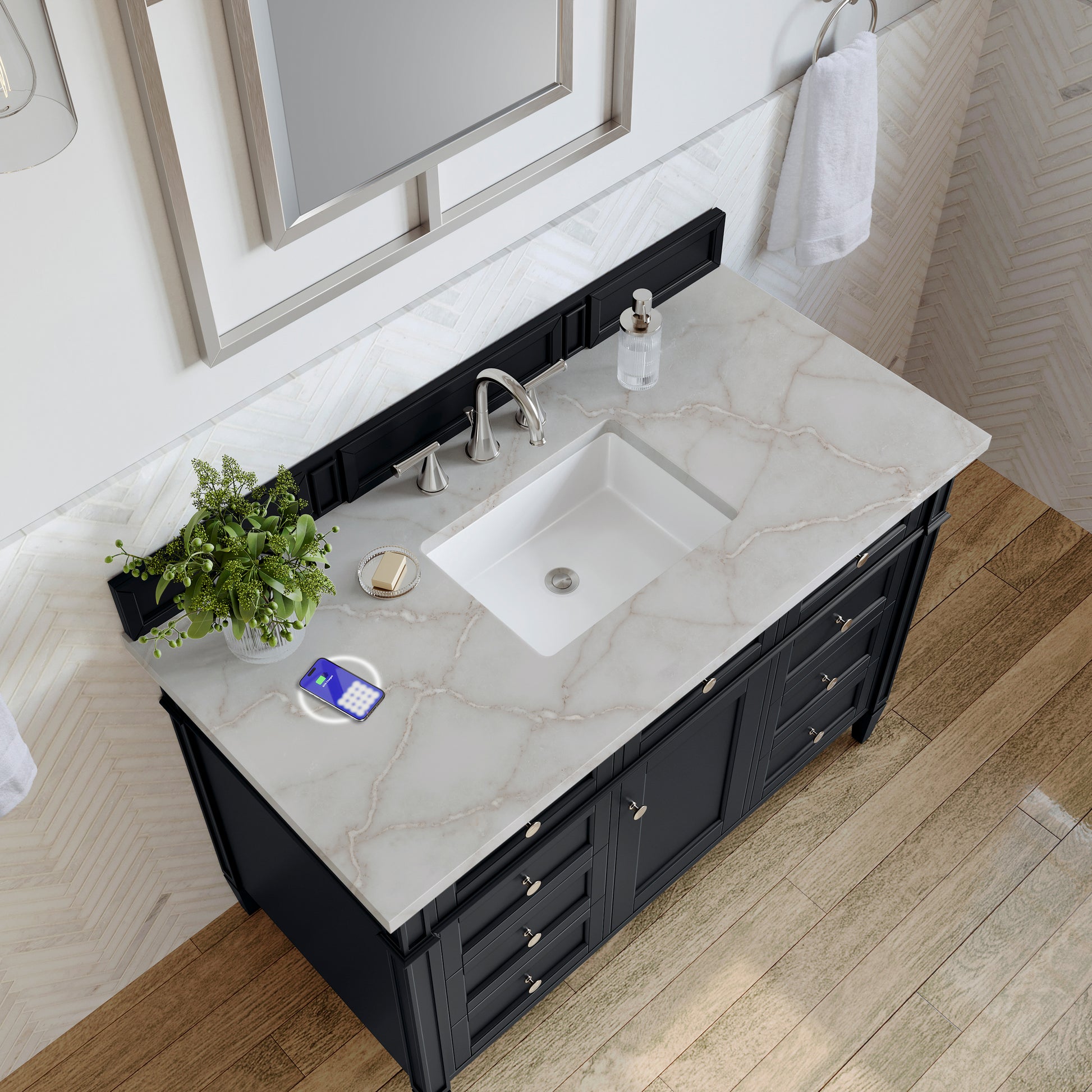 James Martin Vanities Brittany 48" Black Onyx Single Vanity With 3 cm Victorian Silver Silestone Top and FreePower Wireless Charger