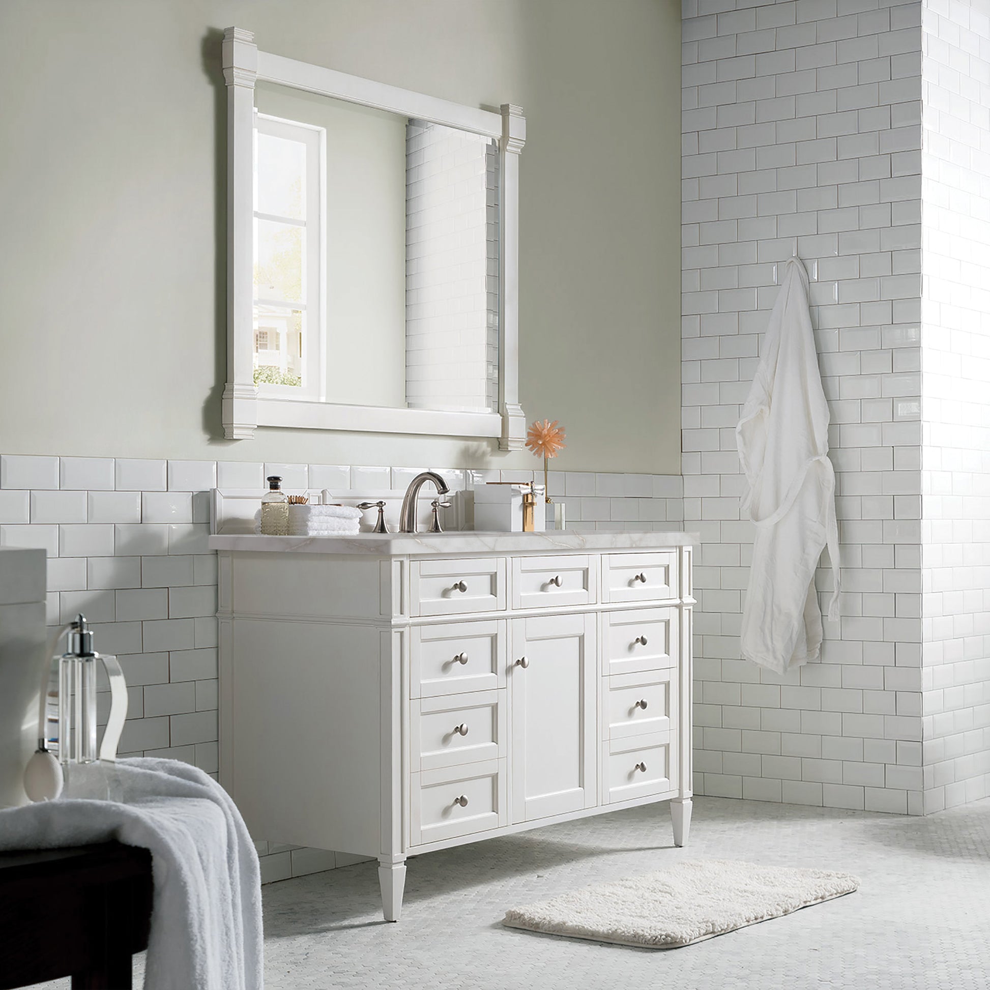 James Martin Vanities Brittany 48" Bright White Single Vanity With 3 cm Victorian Silver Quartz Top