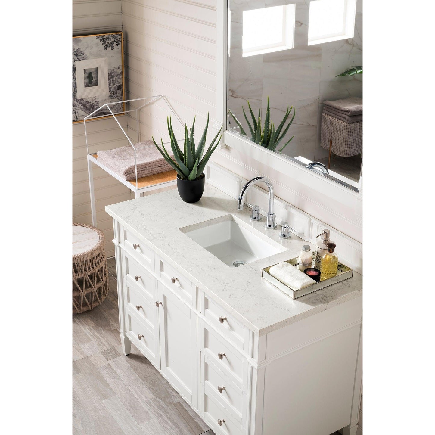 James Martin Vanities Brittany 48" Bright White Single Vanity With 3cm Eternal Jasmine Pearl Quartz Top