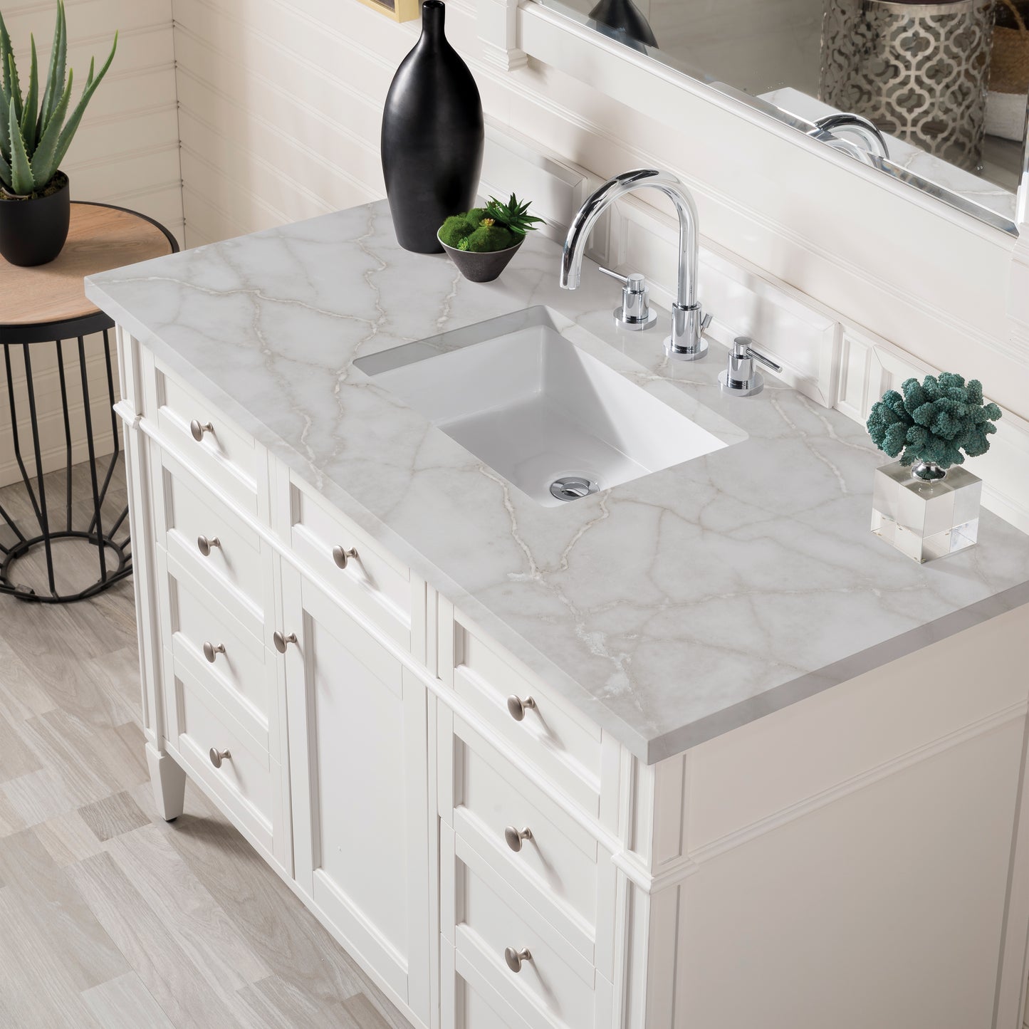 James Martin Vanities Brittany 48" Bright White Single Vanity With 3cm Victorian Silver Silestone Top and FreePower Wireless Charger