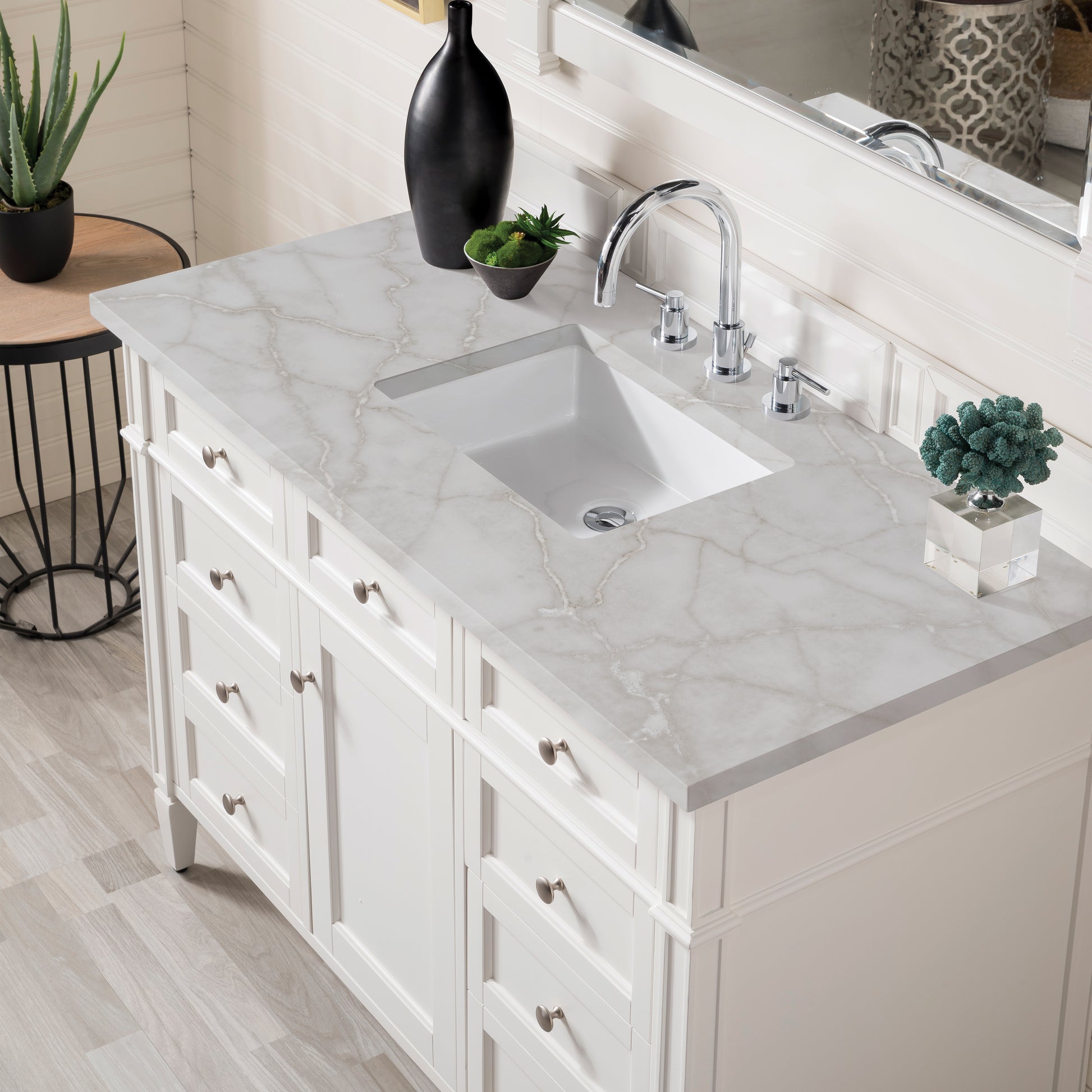James Martin Vanities Brittany 48" Bright White Single Vanity With 3cm Victorian Silver Silestone Top and FreePower Wireless Charger