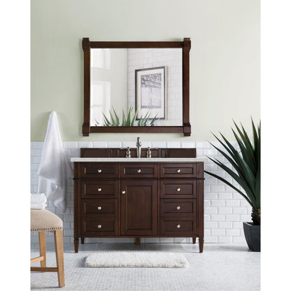 James Martin Vanities Brittany 48" Burnished Mahogany Single Vanity With 3 cm Eternal Jasmine Pearl Silestone Top and FreePower Wireless Charger