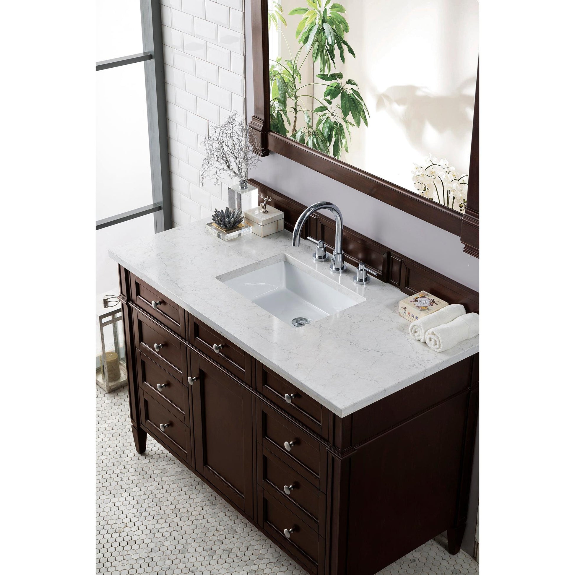 James Martin Vanities Brittany 48" Burnished Mahogany Single Vanity With 3 cm Eternal Jasmine Pearl Silestone Top and FreePower Wireless Charger