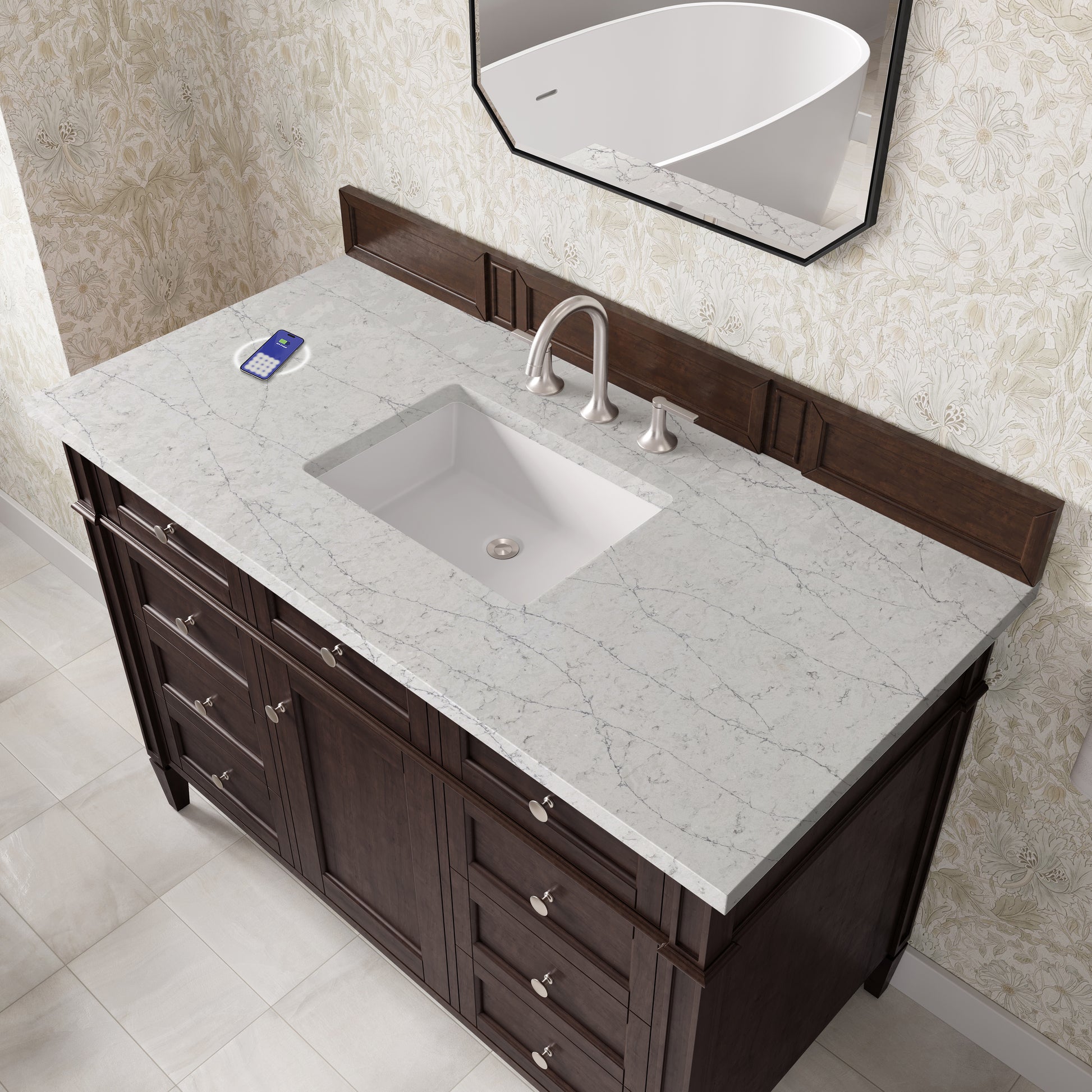 James Martin Vanities Brittany 48" Burnished Mahogany Single Vanity With 3 cm Eternal Jasmine Pearl Silestone Top and FreePower Wireless Charger