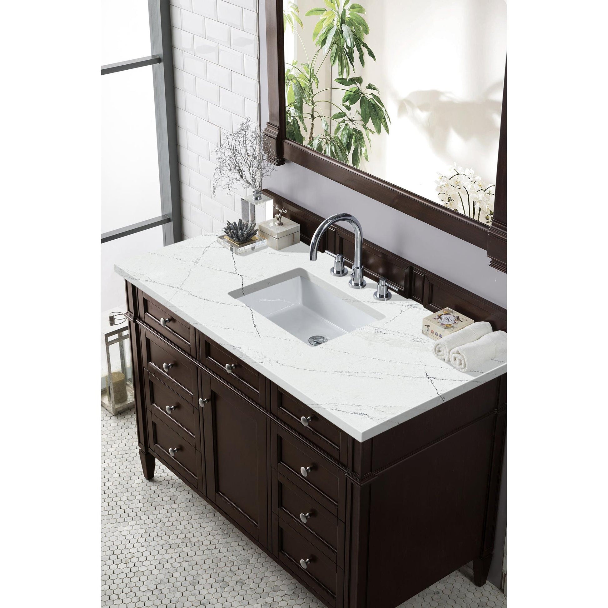 James Martin Vanities Brittany 48" Burnished Mahogany Single Vanity With 3 cm Ethereal Noctis Silestone Top and FreePower Wireless Charger